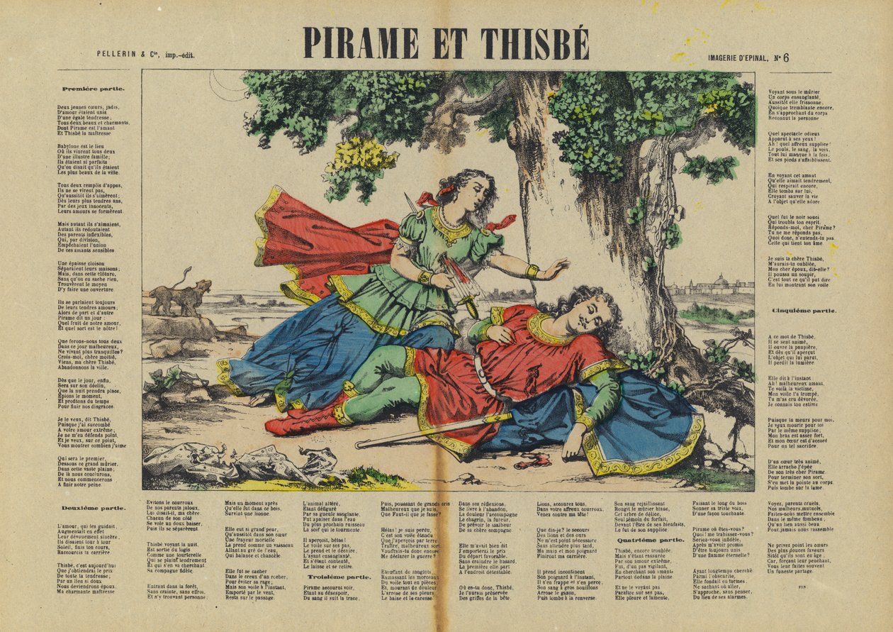 Pyramus i Thisbe (kolorowa litografia) autorstwa French School
