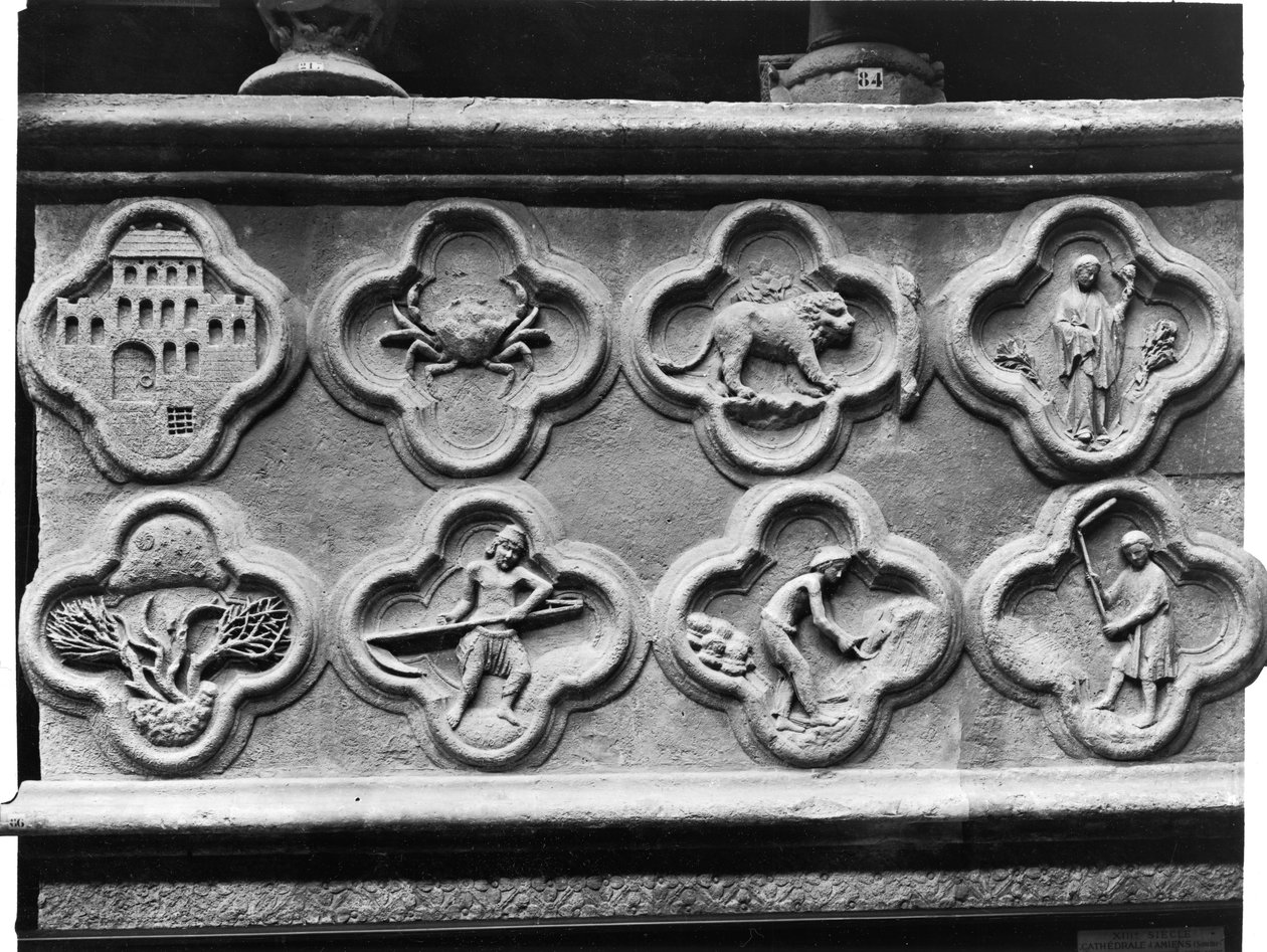 Czterolistne liście Proroka Aggee: odbudowana świątynia i wysuszona ziemia oraz czterolistne znaki zodiaku i trudy roku, z katedry Notre-Dame w Amiens (tynk autorstwa French School
