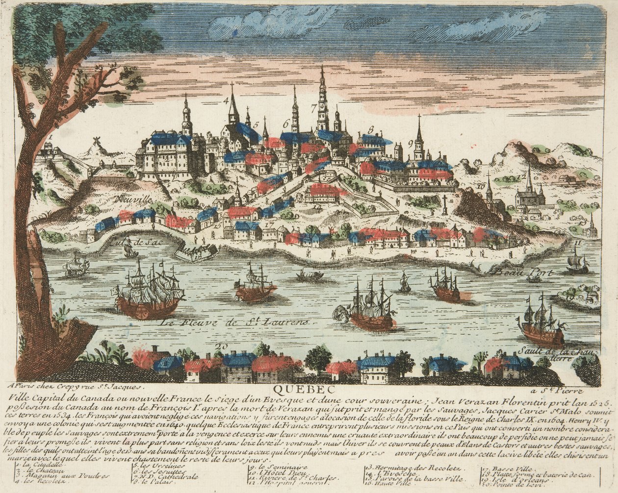 Quebec, wyd. C. 1650 (ręcznie kolorowane grawerowanie) autorstwa French School