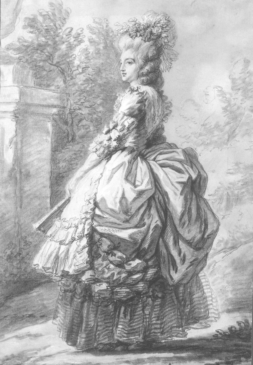 Królowa Maria Antonina (1755-93) spacerująca po ogrodzie, 1780 (mycie piórem i tuszem oraz kreda na papierze) autorstwa French School