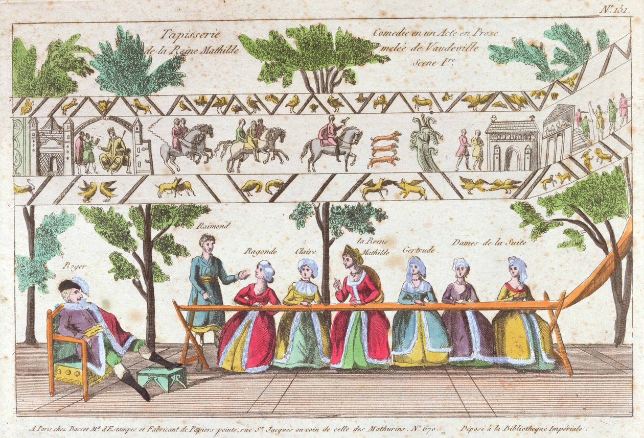 Królowa Matylda i jej służba tkająca gobelin z Bayeux, scena z przedstawienia wodewilu autorstwa French School