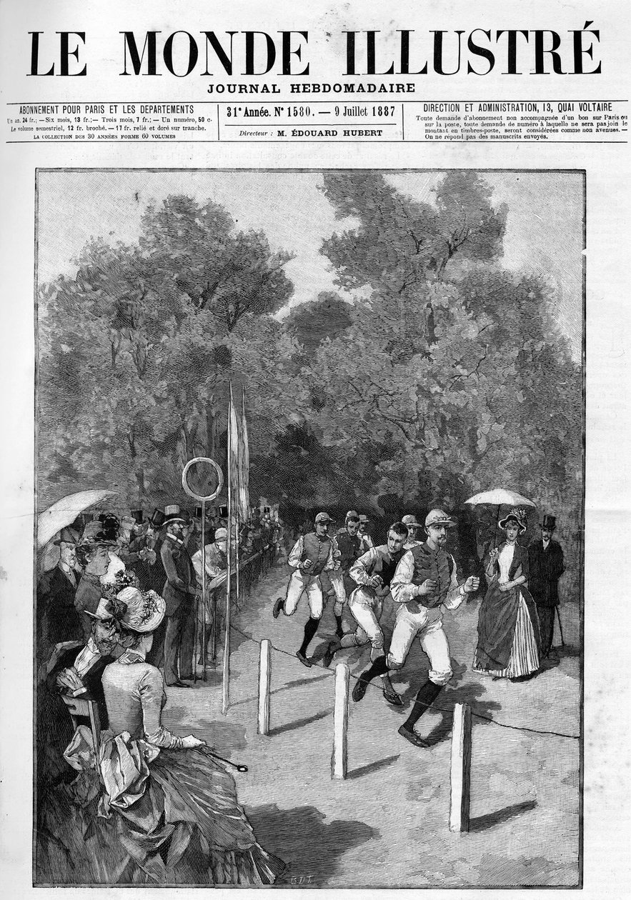 Wyścig klubu wyścigowego w Bois de Boulogne w 1887 roku. autorstwa French School