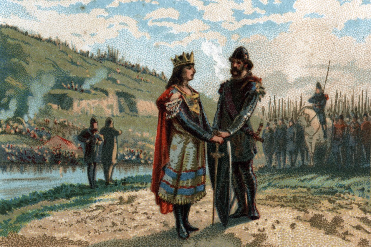 Rainfroy (Rainfroi) burmistrz pałacowego sojuszu Neustrii z Frisonami i Sasami w walce z Austrazją. Chromolitografia około 1890 r. autorstwa French School