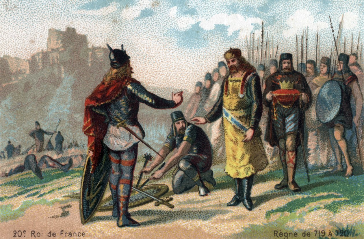 Rainfroy (Rainfroi), oblężenie przez Karola Martela w Angers, kapituła, ok. 717. Chromolitografia ok. 1890. autorstwa French School
