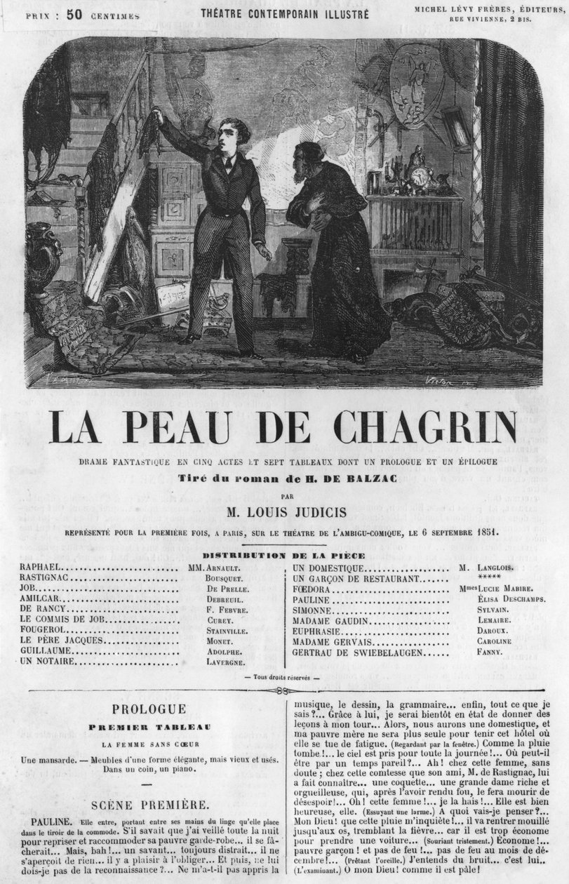 Raphael de Valentin i sklepikarz, ilustracja z „La Peau de Chagrin”, dramat zaadaptowany z powieści Honore de Balzac (1799-1850) autorstwa French School