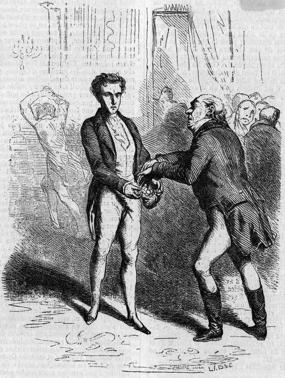 Rastignac zawroty głowy pozwala siwowłosemu mężczyźnie wziąć dziesięć ludwików. Grawerowanie w połowie XIX wieku. Ilustracja do „Ojca Goriota” Honore de Balzac (1799-1850). autorstwa French School