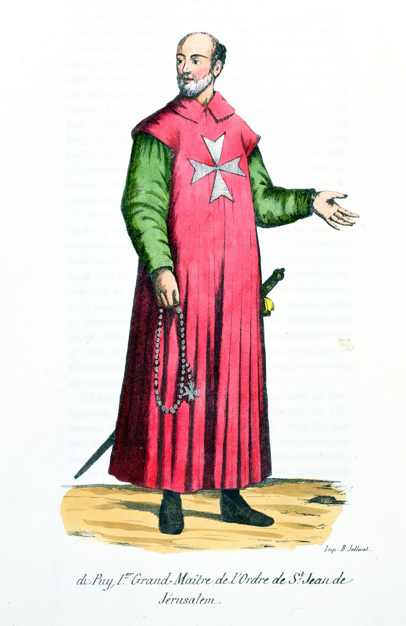 Raymond de Puy (1120-5860) Pierwszy Wielki Mistrz Zakonu św. Jana Jerozolimskiego, ilustracja z Historii i kostiumów zakonów monastycznych Ojca Helyota, 1842 autorstwa French School