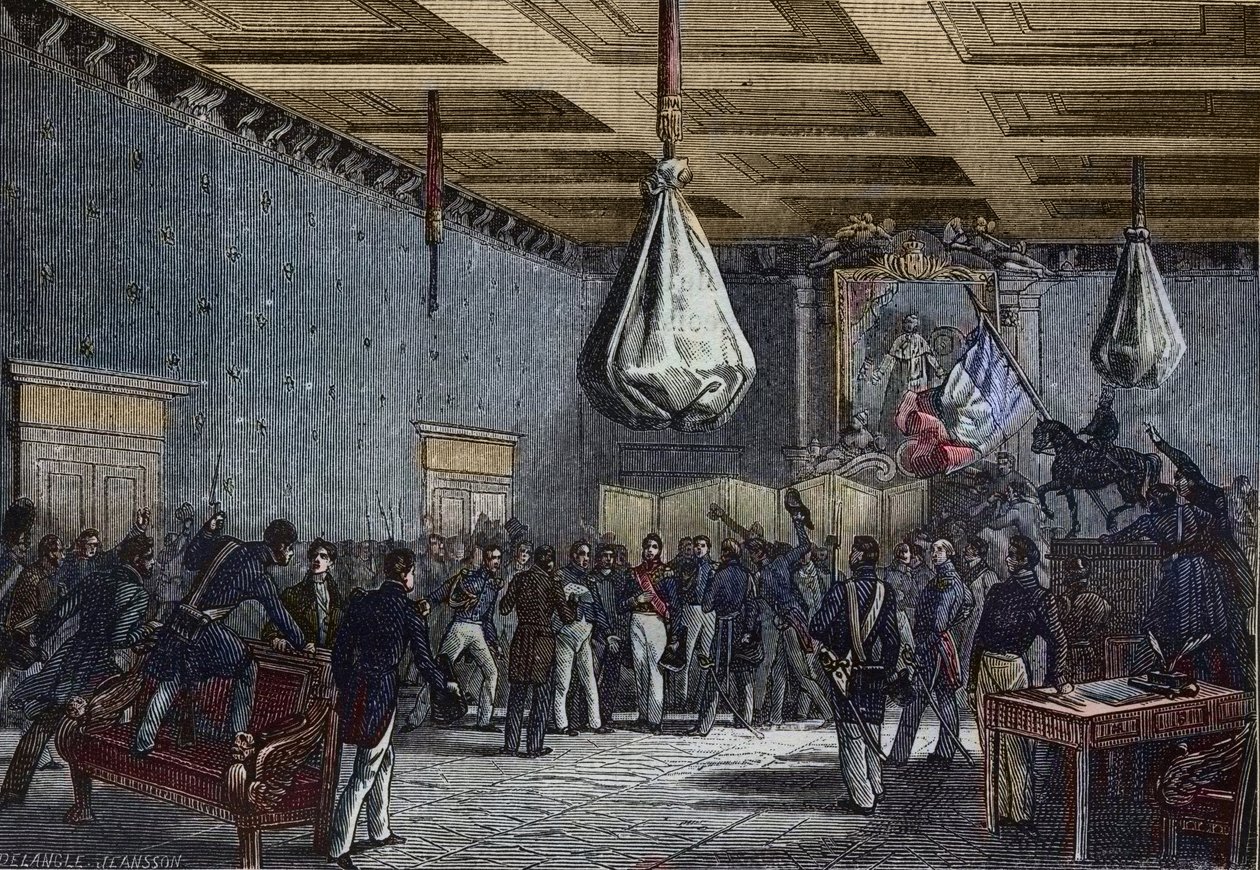 Odczytanie przemówienia Izby Deputowanych w Hotel de Ville w Paryżu 31 lipca 1830 r. - Ludwik Filip (1773-1850), król francuski (1830-1848); ogłoszony królem przez Izbę Poselską i zaoferowany tron w zamian za ograniczenie uprawnień; następny autorstwa French School