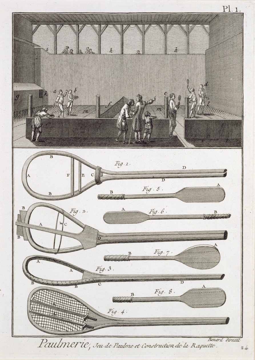 Prawdziwy tenis i konstrukcja rakiet, z Encyklopedii Denisa Diderota (1713-84), rycina Roberta Benarda (ur. 1734), wydana ok. 1770 autorstwa French School