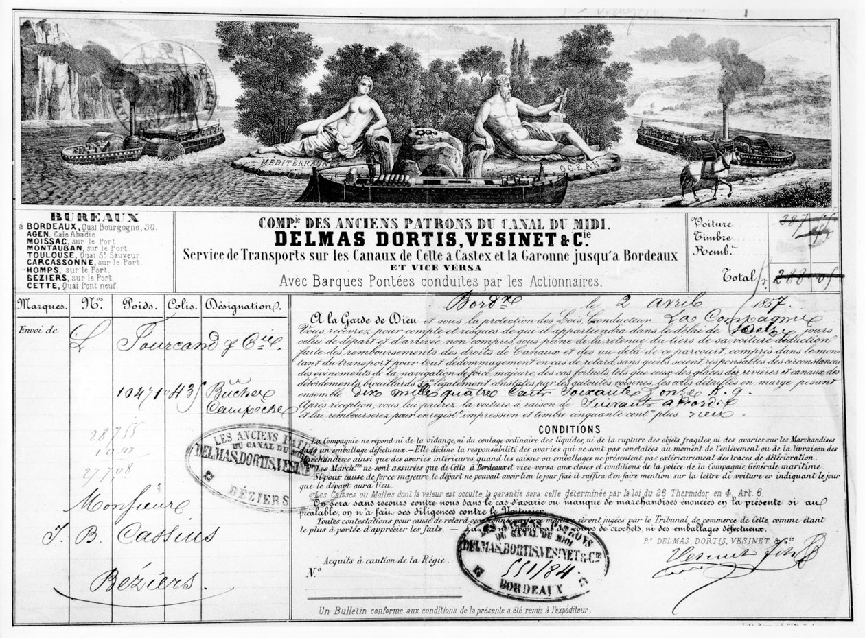 Pokwitowanie wystawione przez Compagnie du Canal du Midi za transport towarów z Bordeaux do Beziers, 1857 (bw zdjęcie ryciny) autorstwa French School