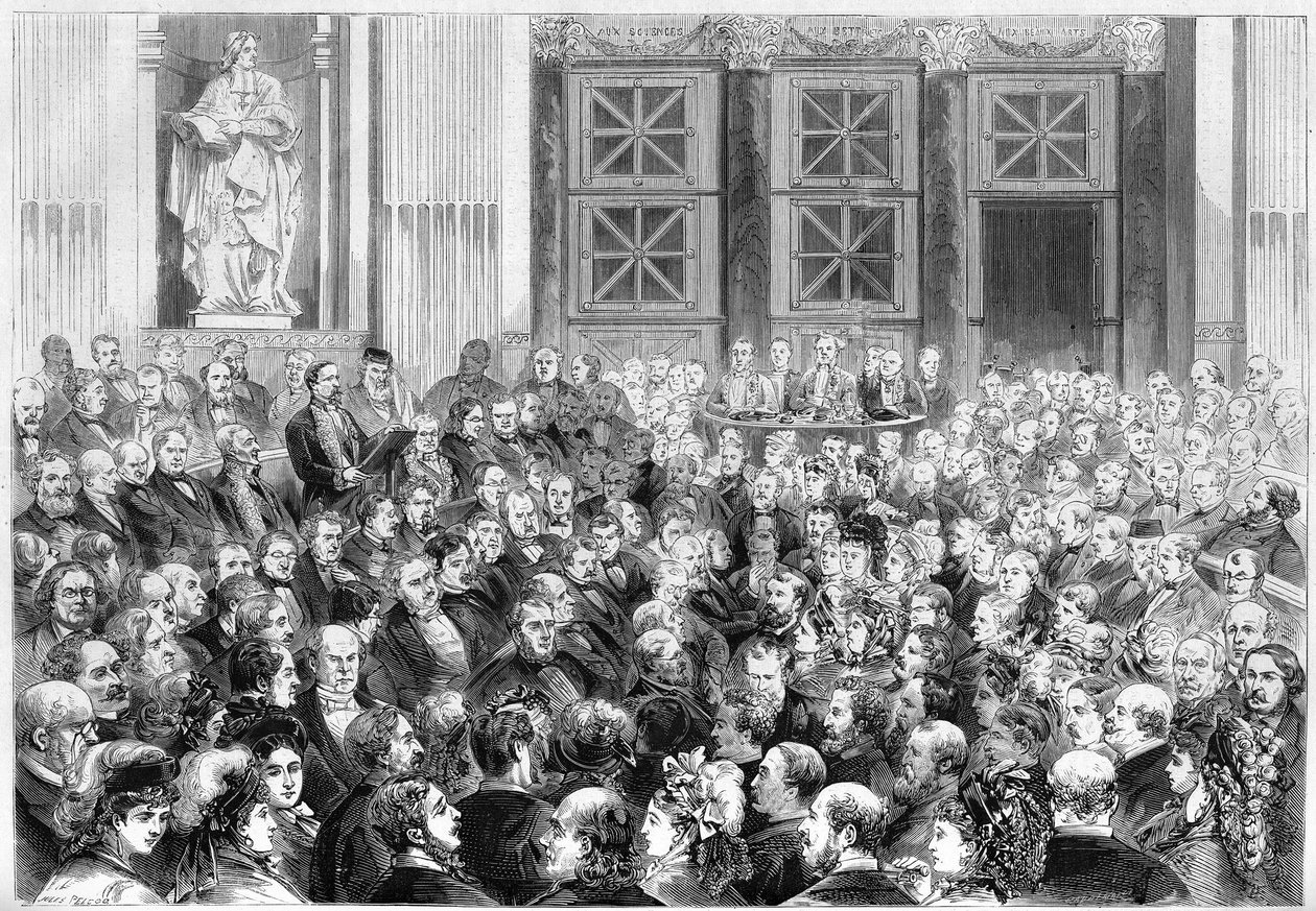 Przyjęcie w Akademii Francuskiej Henryka Orleańskiego, księcia Aumale (1822-1897), francuskiego żołnierza, polityka i historyka. Paryż, 3 kwietnia 1873 r. Grawer „” Le Monde Illustré” nr 834 z 12 kwietnia 1873 r. autorstwa French School