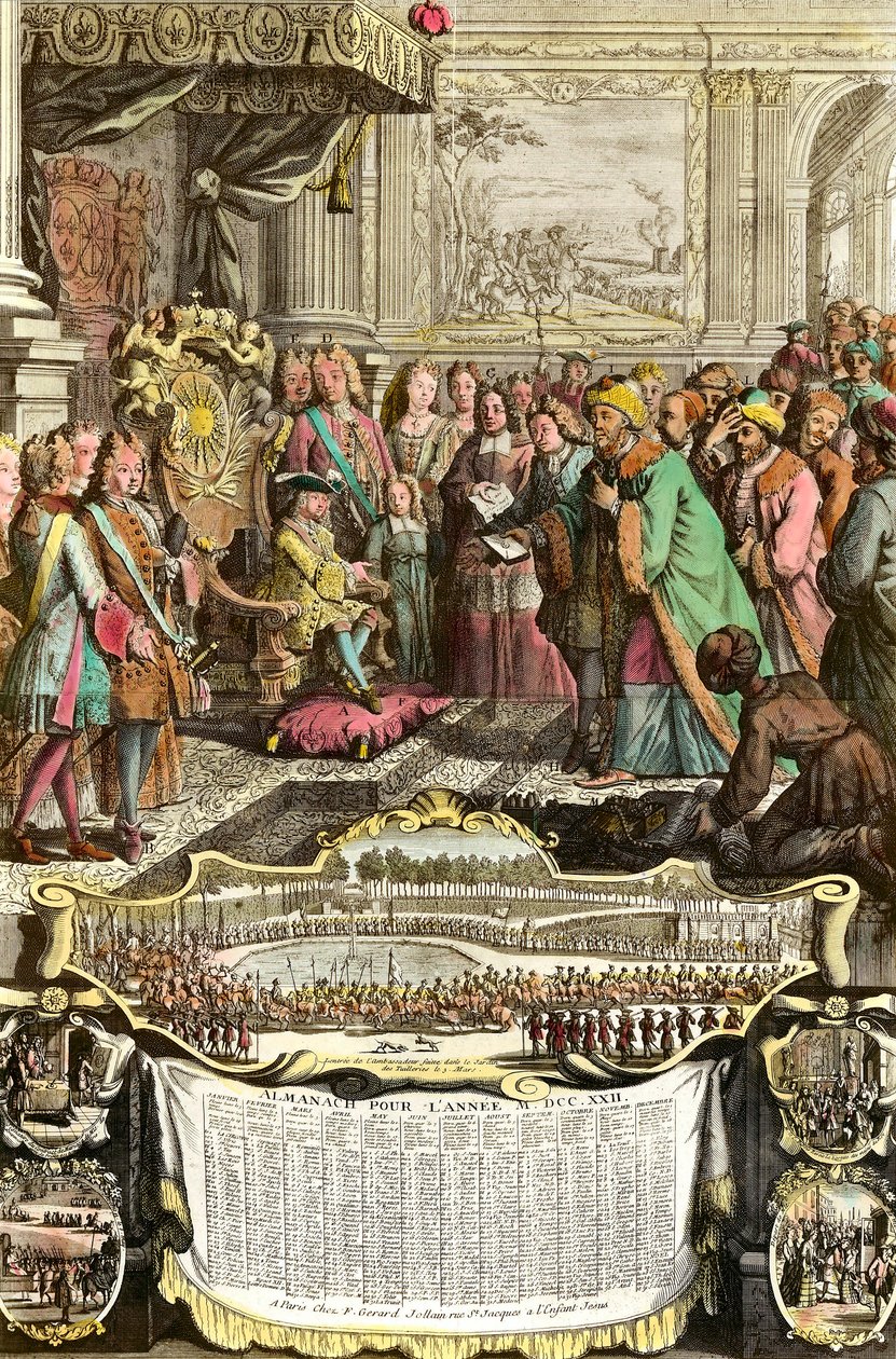 Przyjęcie Mehemeta Effendi tureckiego ambasadora wielkiego sułtana Achmeta przez Ludwika XV 21 marca 1721 r. w Tuileries. Rycina z XVIII wieku. Kolekcja prywatna. autorstwa French School