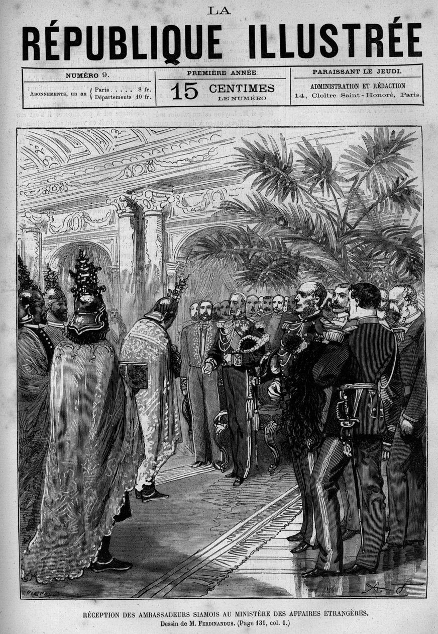 Przyjęcie ambasadorów syjamskich w Ministerstwie Spraw Zagranicznych. Gazeta. Rycina z 1880 r. w prywatnej kolekcji „La republique illustree”. autorstwa French School