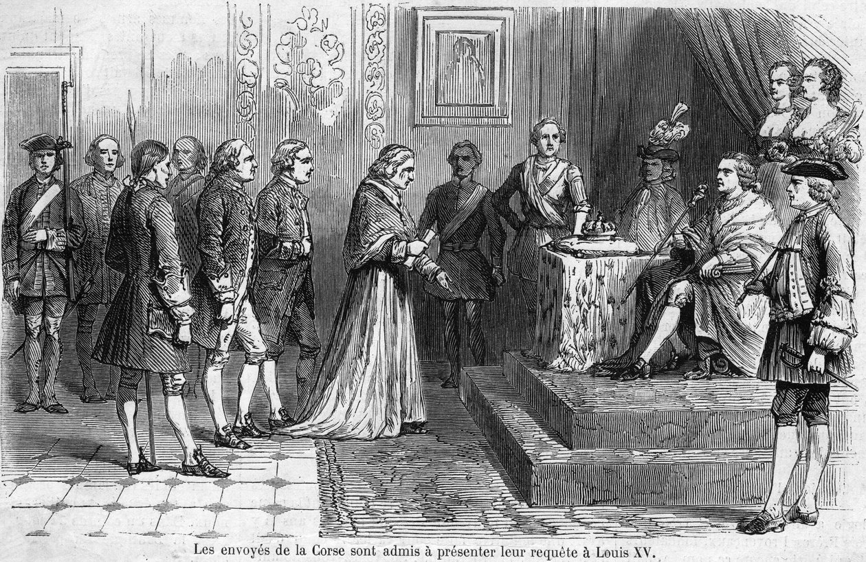 Przyjęcie delegacji korsykańskiej przez króla Ludwika XV (1710-1774) w 1769 r. Posłowie proszą o przyłączenie wyspy do Francji. autorstwa French School