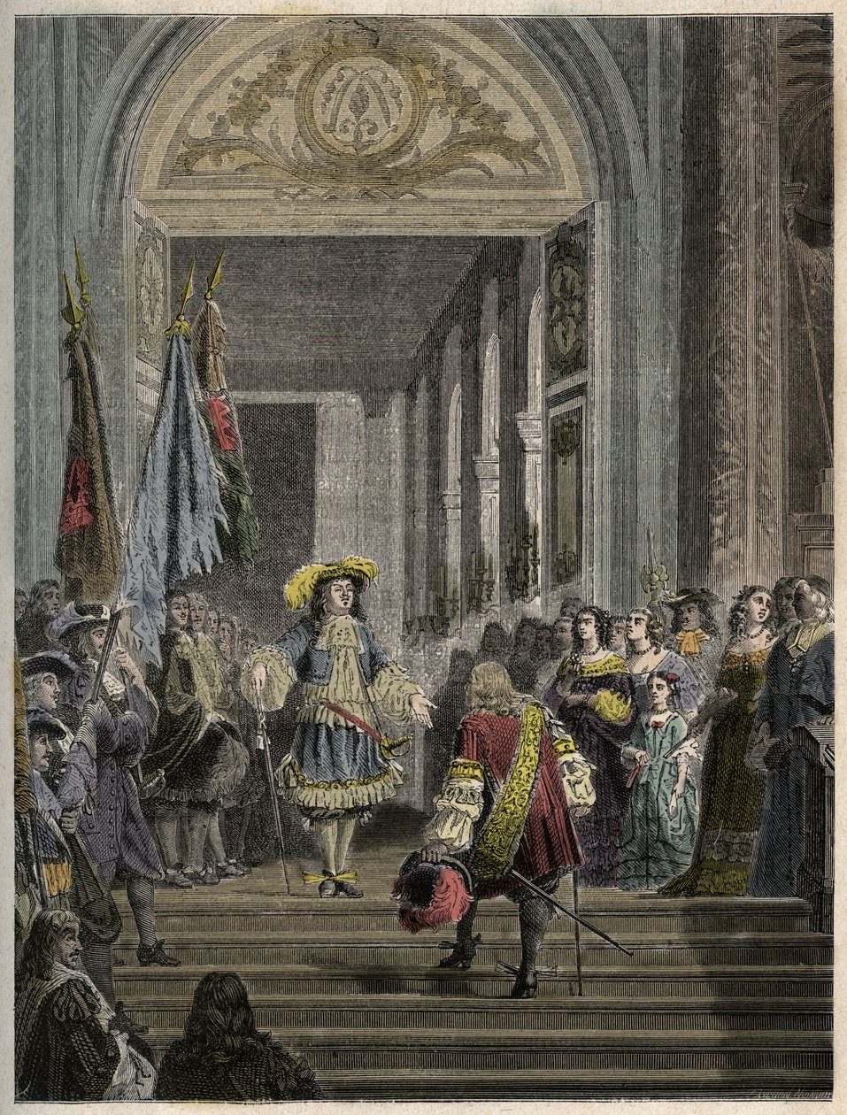 Przyjęcie Wielkiego Kondeusza w Wersalu przez Ludwika XIV - klatka schodowa des ambassadeurs - Przyjęcie Wielkiego Kondeusza (Ludwika II z Bourbon Conde) przez króla Francji Ludwika XIV do Wersalu w 1674 r. grawer w „”PATRIE””” - OPIS PEKTURYCJA DE autorstwa French School