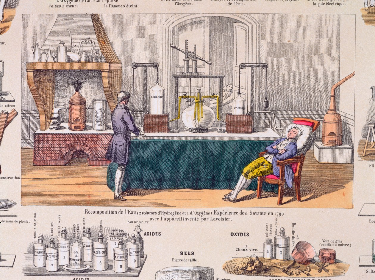 Rekompozycja wody z wodoru i tlenu: Antoine Laurent de Lavoisier (1743-94) eksperymentujący z oddychaniem odpoczywającego człowieka, ilustracja z tablicy edukacyjnej, ok. 1860 (kolorowy grawer autorstwa French School
