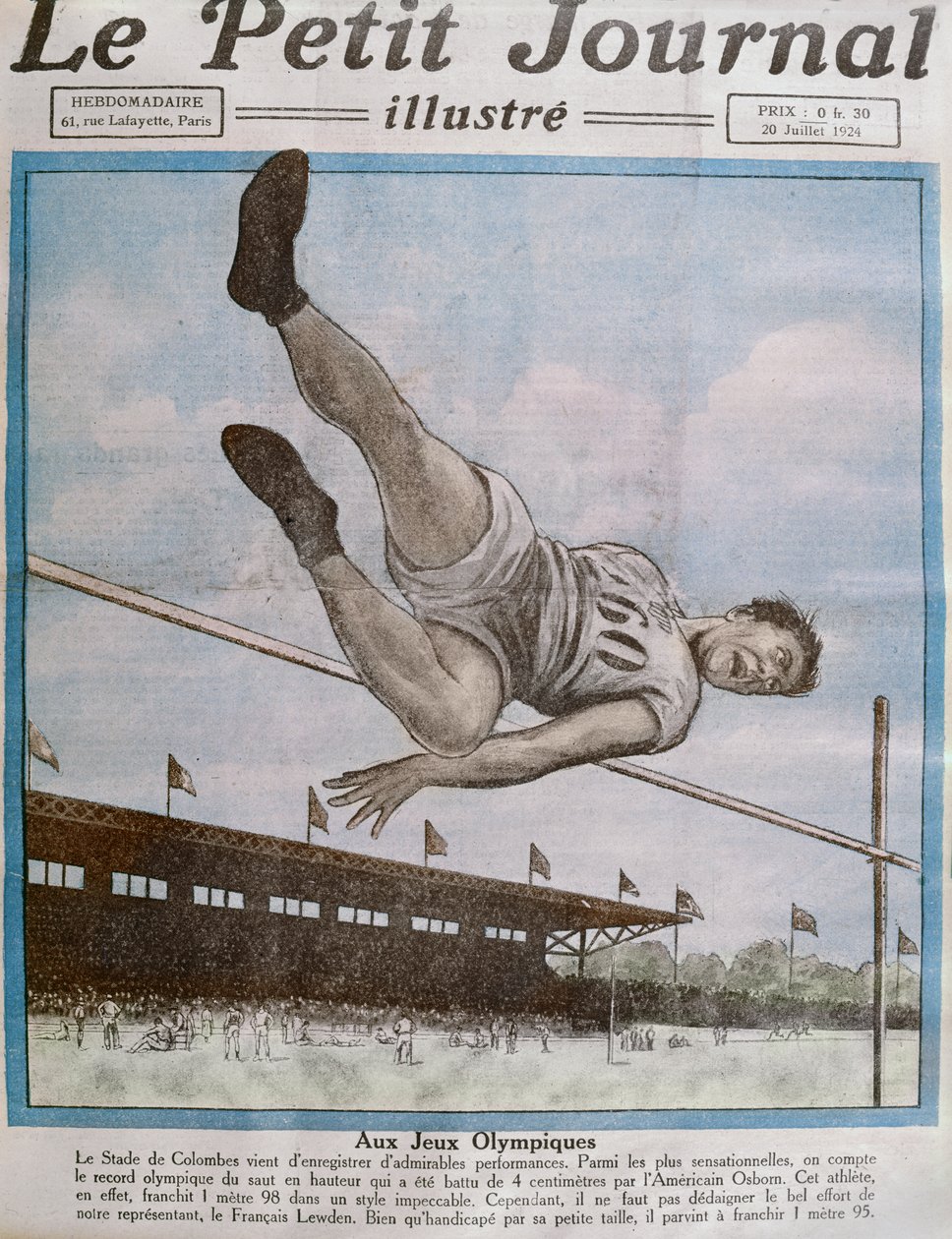 Rekordowy skok wzwyż na 8. Igrzyskach Olimpijskich, Paryż, 1924, ilustracja na okładce z Le Petit Journal 20 lipca 1924 autorstwa French School