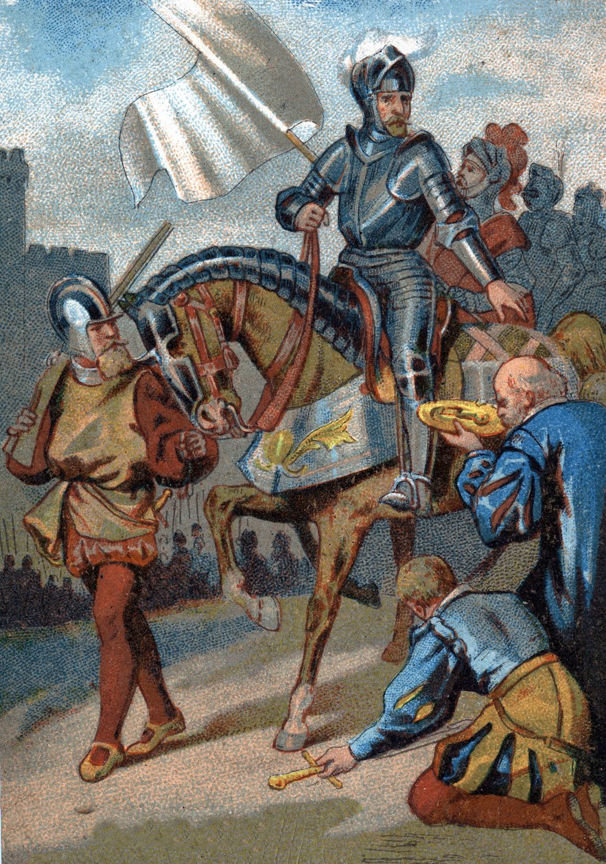 Odzyskanie Calais nad Anglią przez księcia Guise w 1558 r. Chromolitografia serii „Wychowanie patriotyczne przez obraz”. autorstwa French School