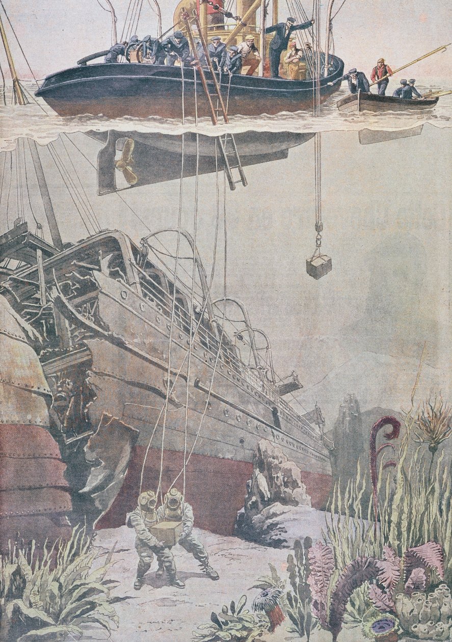 Odzyskiwanie skarbu z wraku Oceana, ilustracja z Le Petit Journal, 1912 autorstwa French School