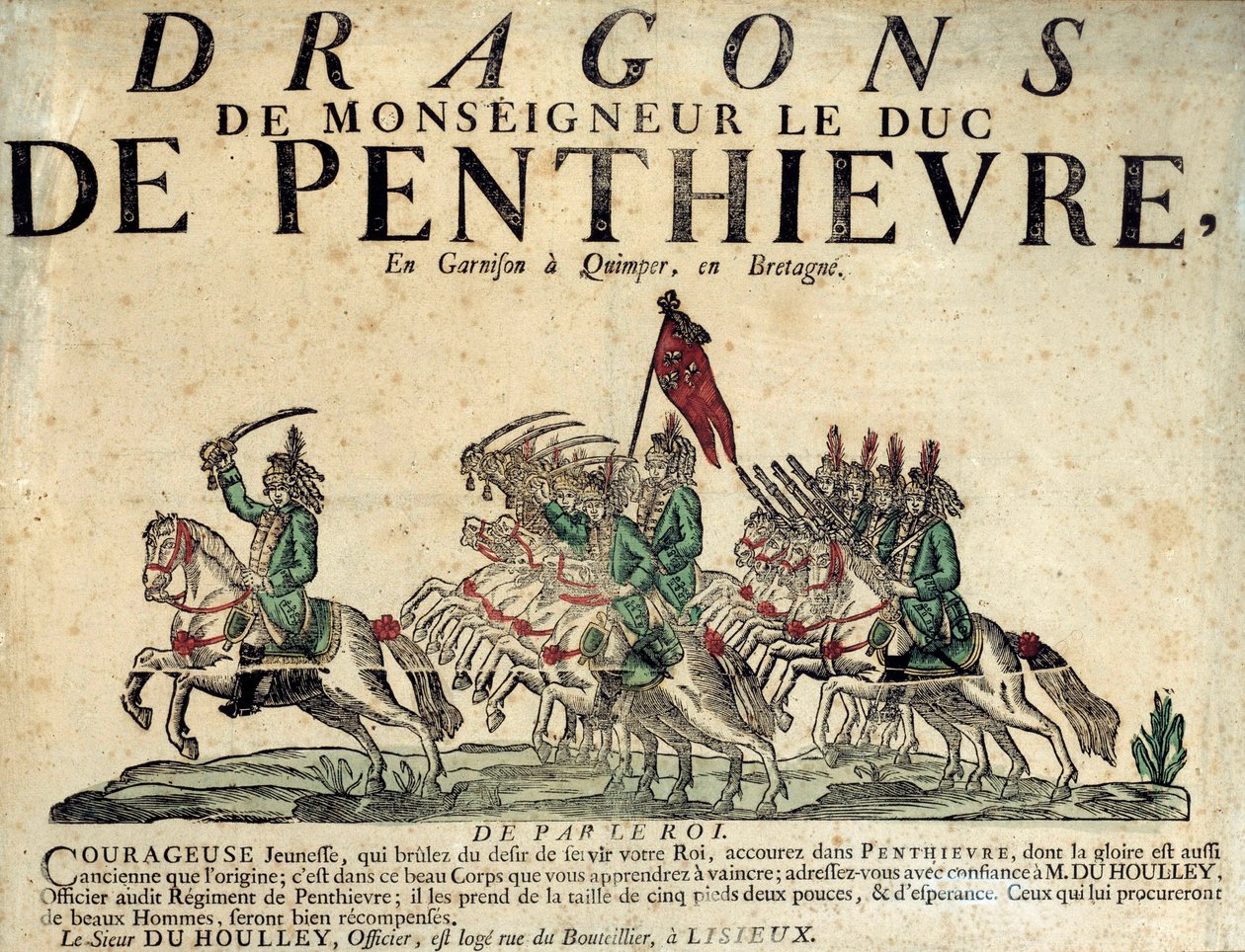 Plakat rekrutacyjny Pułku Smoków prałata księcia Penthievre. 18 wiek. Paryż, Musée de l