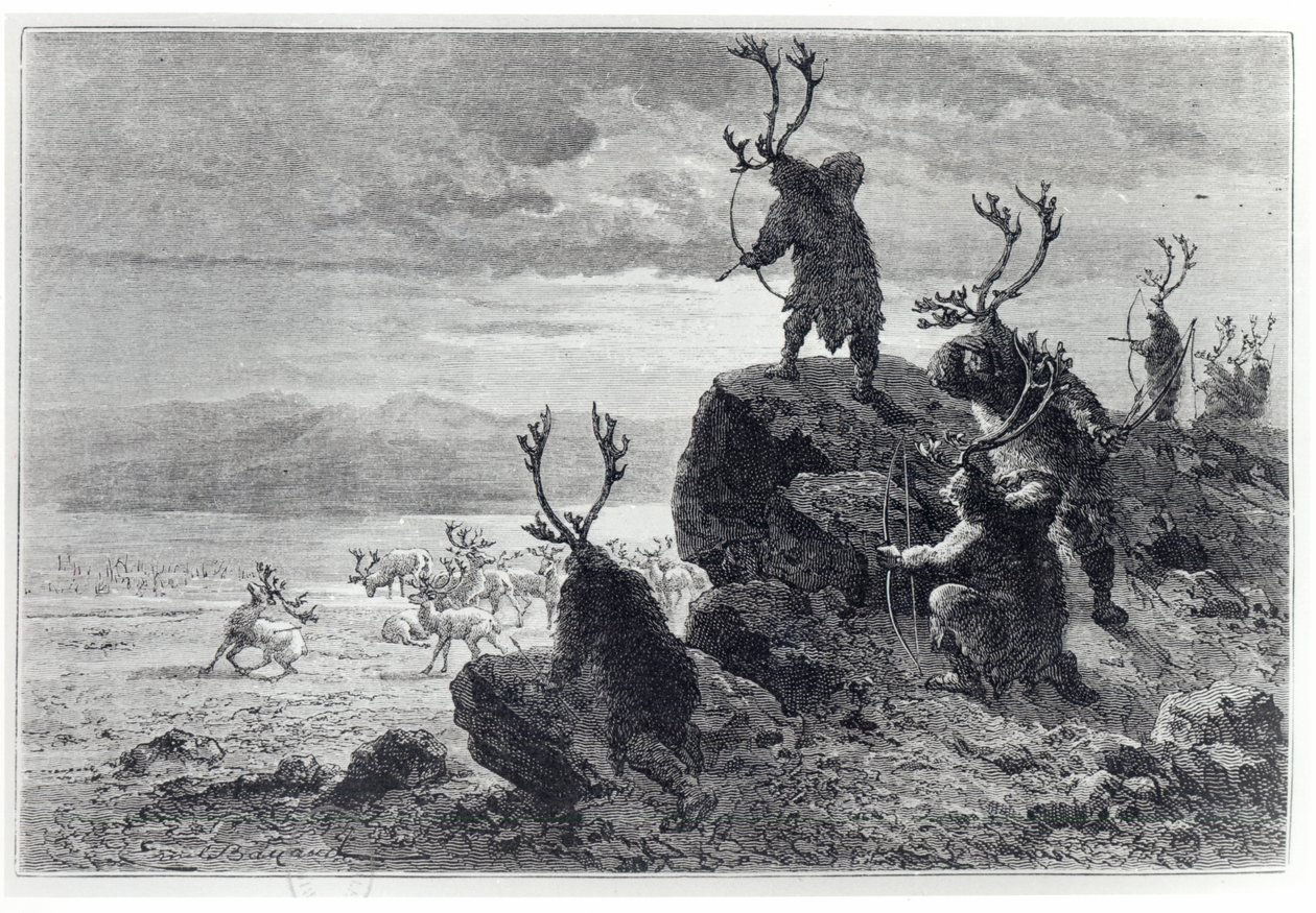 Polowanie na renifery w epoce kamienia, ilustracja z LHomme Primitif, Louis Figuier (1819-94) opublikowana przez Hachette, 1870 autorstwa French School