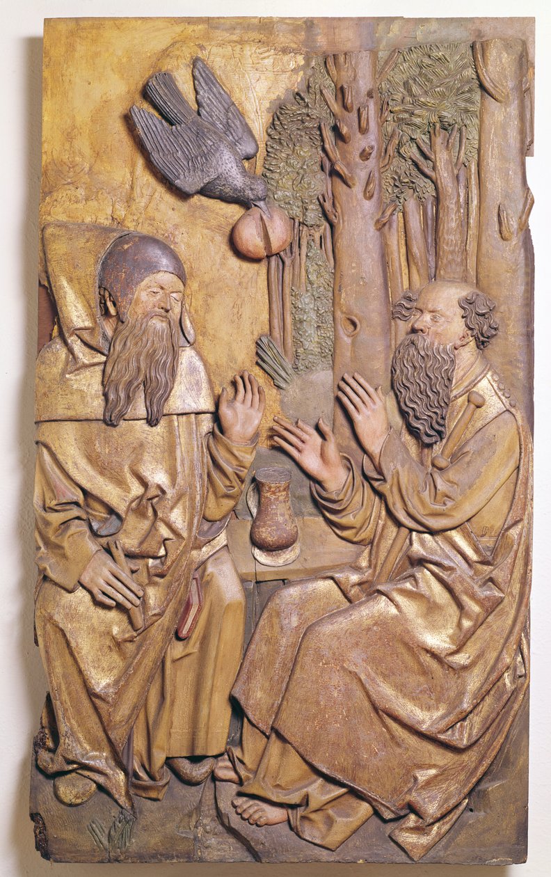 Relief przedstawiający św. Antoniego odwiedzającego św. Pawła na pustyni, z Kaplicy Starego Szpitala w Colmar (pozłacane drewno) autorstwa French School