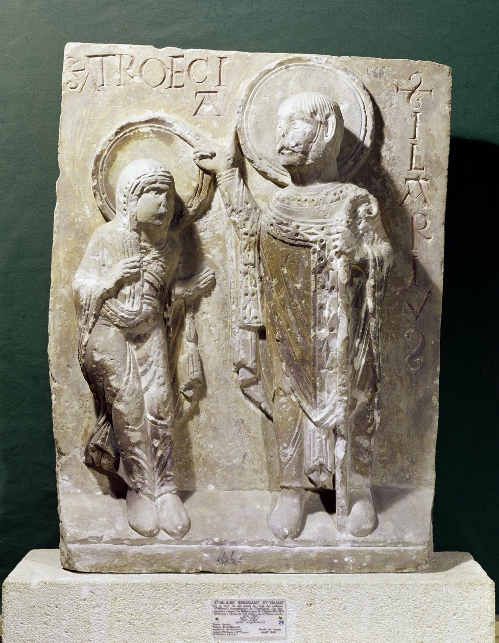 Relief przedstawiający św. Hilarego z Poitiers (320-368) błogosławiącego św. Triaise, ok.1150 autorstwa French School
