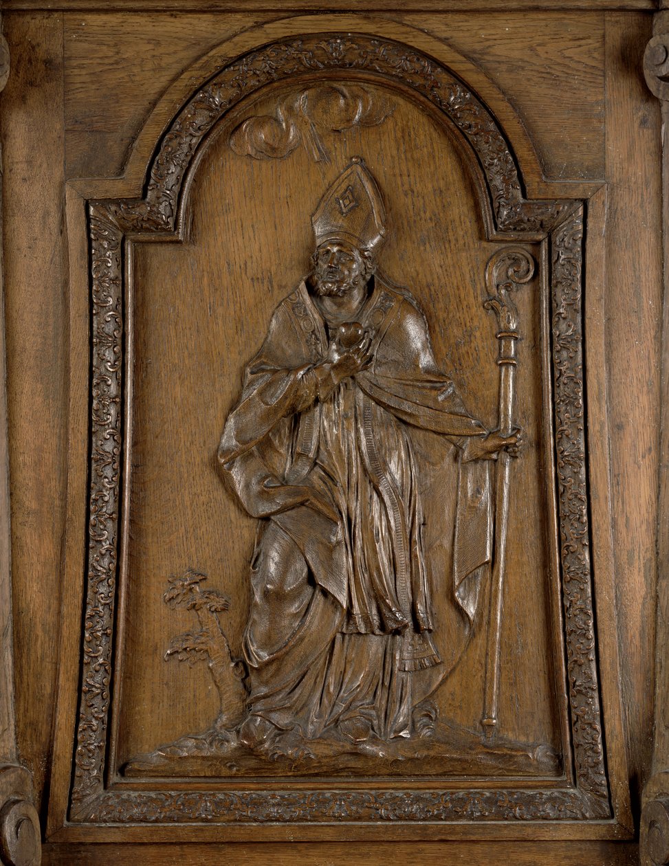 Płaskorzeźba przedstawiająca św. Medarda (ok. 456-545) biskupa Noyon, z ambony (drewno) autorstwa French School
