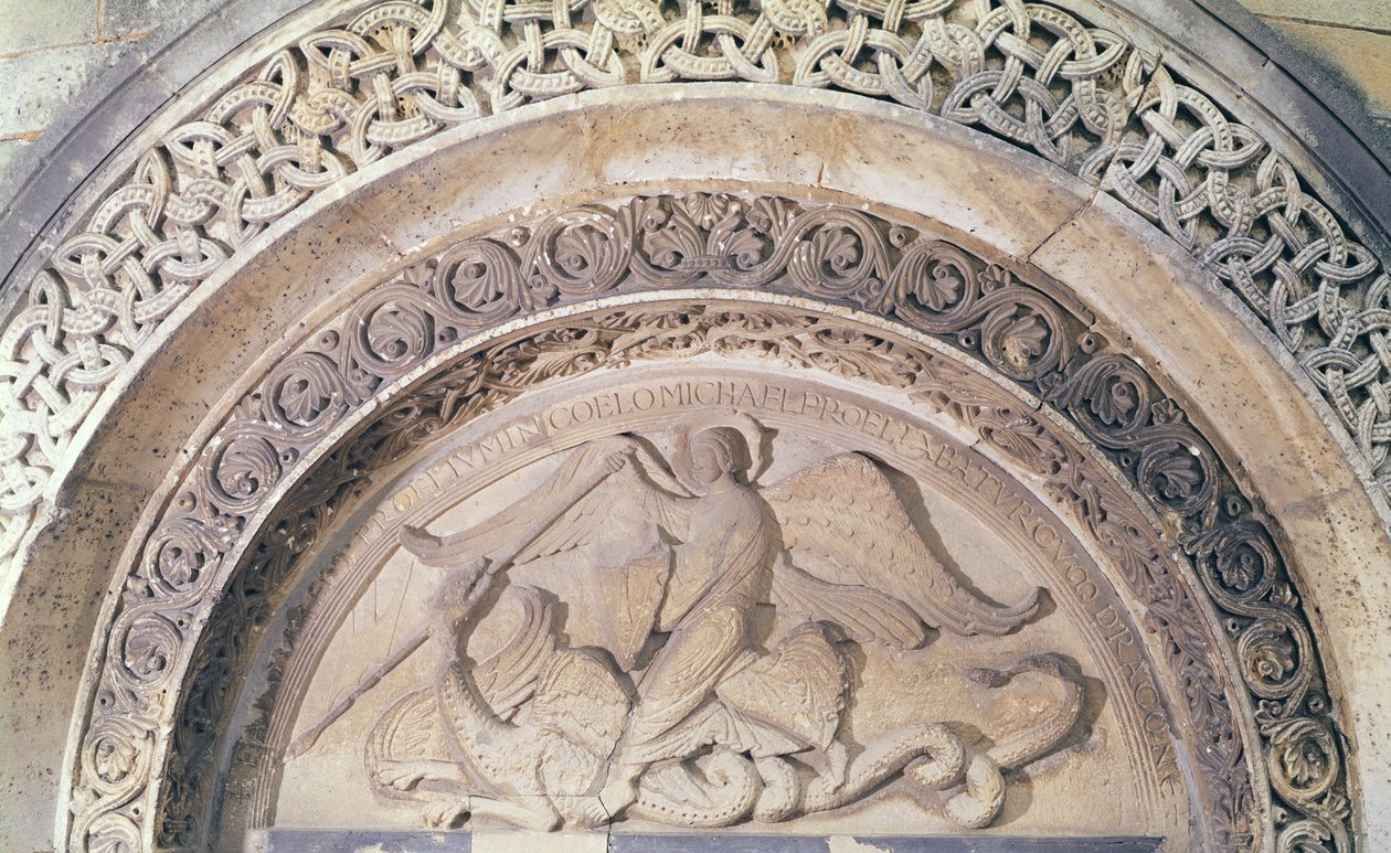 Relief z tympanonu przedstawiający św. Michała i smoka, 1137 autorstwa French School