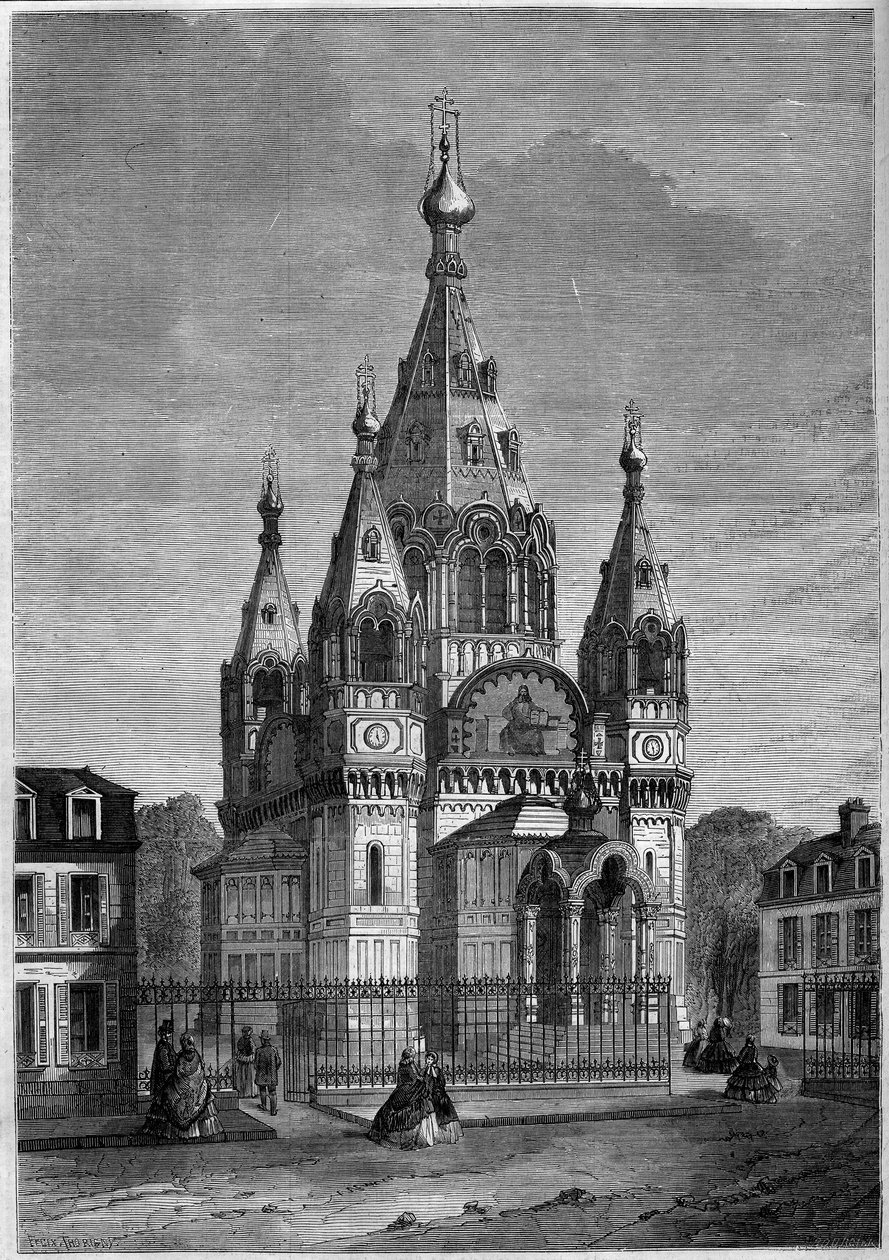 Architektura sakralna: widok zewnętrzny rosyjskiej katedry prawosławnej św Aleksandra Newskiego, Paryż autorstwa French School