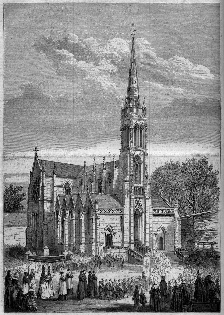 Architektura sakralna: widok ogólny kościoła Monfort le Retrou (dziś Montfort le Gesnois w Sarthe (72), dzień jego inauguracji w 1858 r. Ze szkicu pana Moulina. Grawerowanie w „”Le Monde Illustré”” n ° 77 z dnia 2 października 1858 r. autorstwa French School
