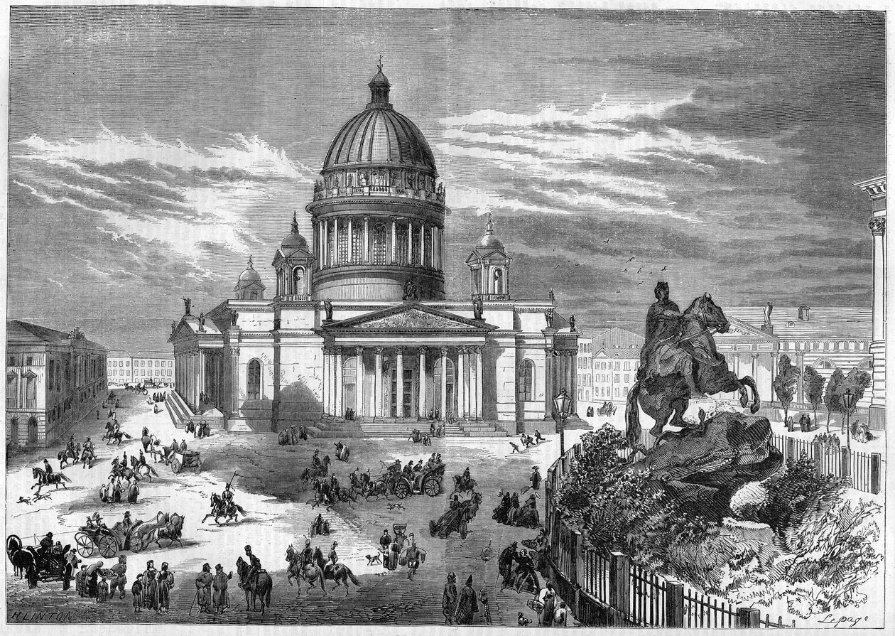 Architektura sakralna: widok na cerkiew św. Izaaka (1819-1858) w Sankt Petersburgu (Petersburg) w Rosji, zbudowaną według planów architekta Ricarda de Montferrand (1786-1858). Po prawej stronie znajduje się konny pomnik Piotra autorstwa French School