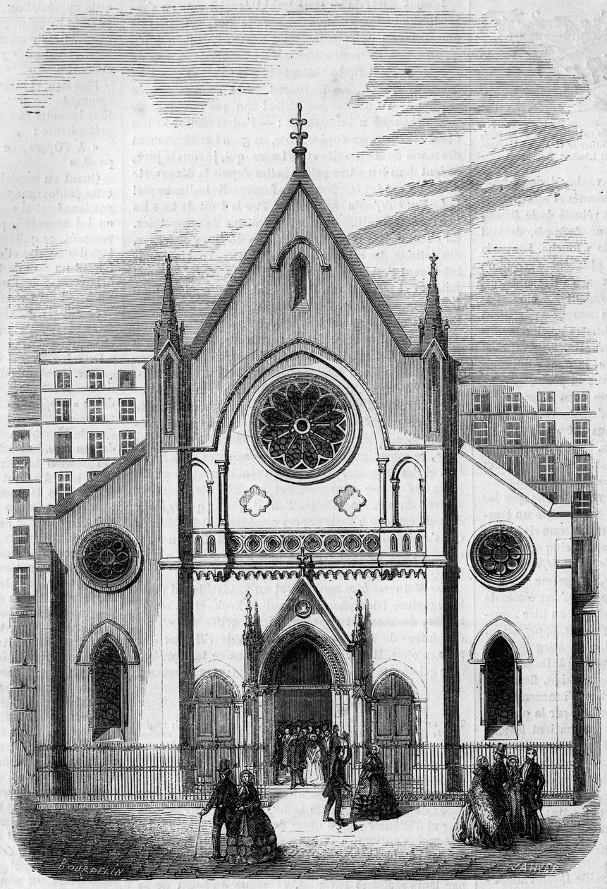 Architektura sakralna: widok fasady Świątyni dla Amerykanów mieszkających w Paryżu, rue de Berry, w 1857 roku. Budynek wybudowany przez architekta pana Salmona. Grawer w „Le Monde Illustré” nr 33 z 28 listopada 1857 r. autorstwa French School