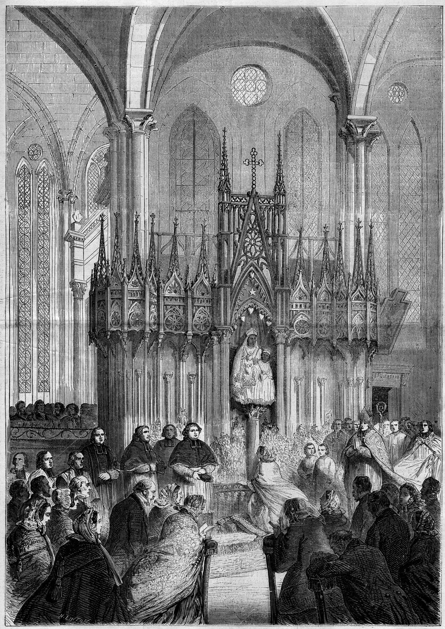 Sztuka sakralna: statua Notre Dame du Pillar lub „Virgo Noire” (ok. 1540) w katedrze w Chartres (Eure et Loire, 28) w 1858 r. Grawer „Le Monde Illustré” nr 89 z 25 grudnia 1858. autorstwa French School