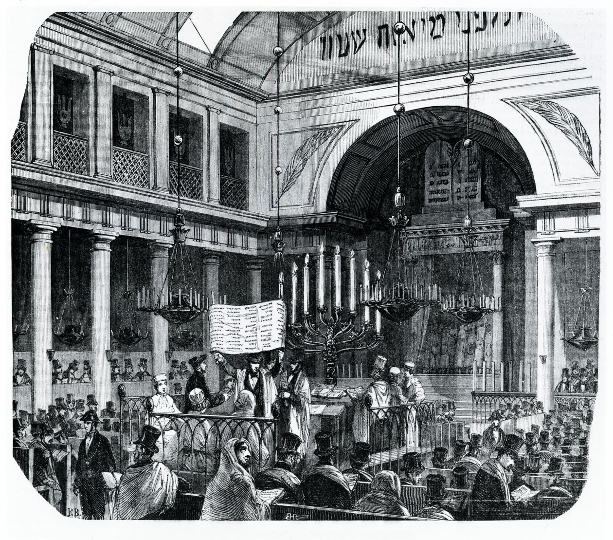 Ceremonia religijna w starej paryskiej synagodze na Rosz Haszana, ilustracja z Le Tableau de Paris autorstwa Edmonda Texiera, opublikowana w Paryżu, 1852 autorstwa French School