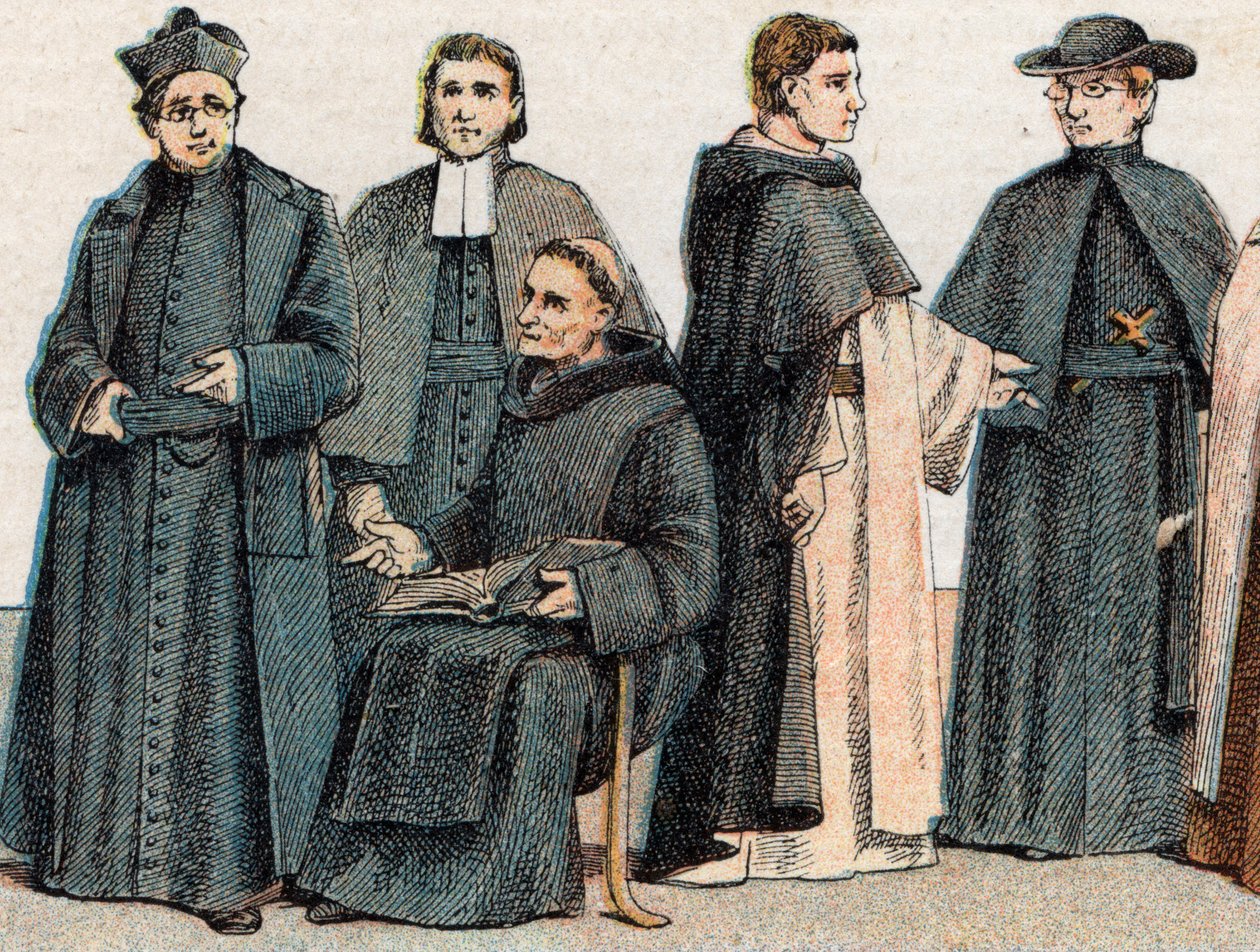 Stroje religijne: z g a d portret jezuity, ojca Mariste (Marcellin Champagnat), benedyktynów, dominikanów i oblatów - rycina - Stroje religijne: od lewej do prawej portret jezuitów, braci marystów, benedyktynów pon autorstwa French School