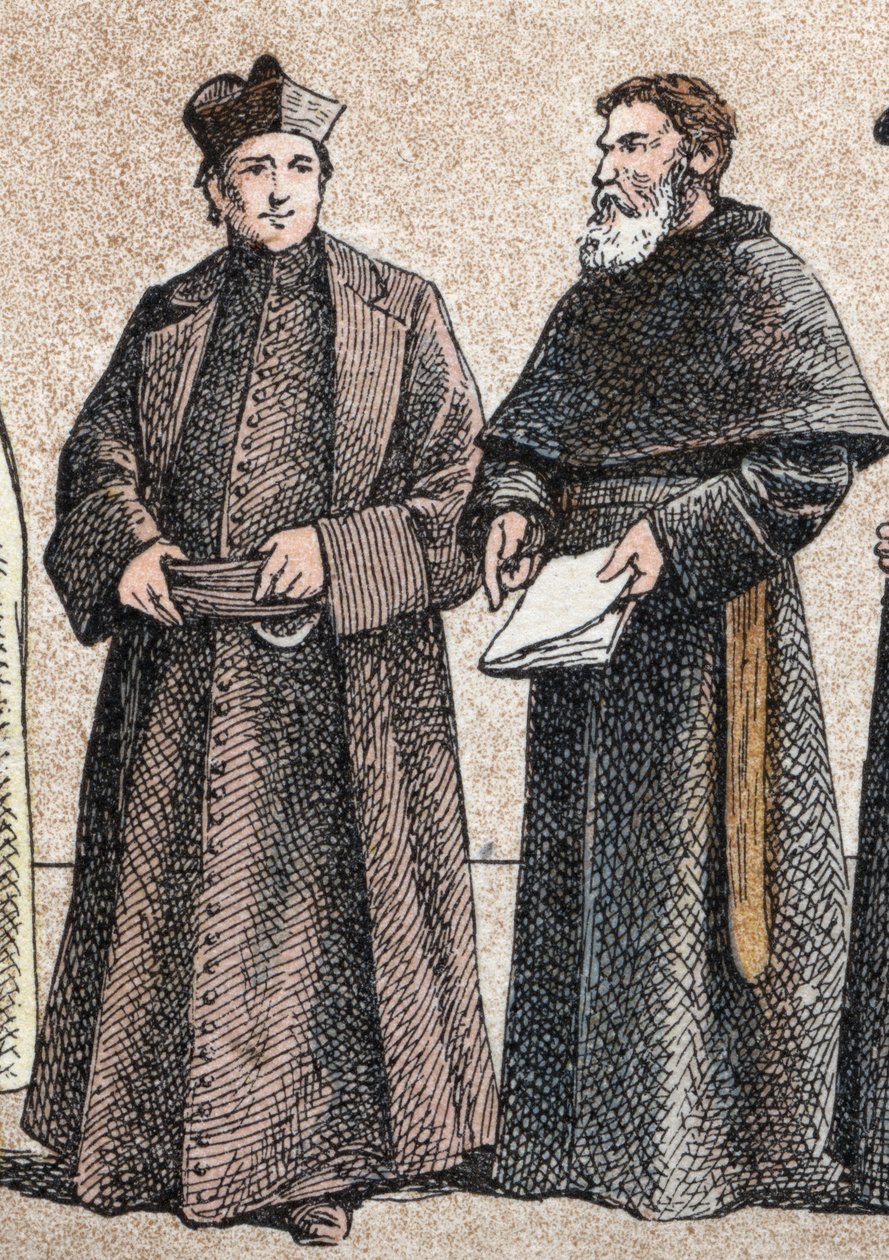 Stroje religijne: z portretu jezuity i brata Wniebowzięcia (członka zgromadzenia augustianów Wniebowzięcia) - Rycina - Stroje religijne w starożytności: od lewej do prawej, portret jezuity i asssum autorstwa French School