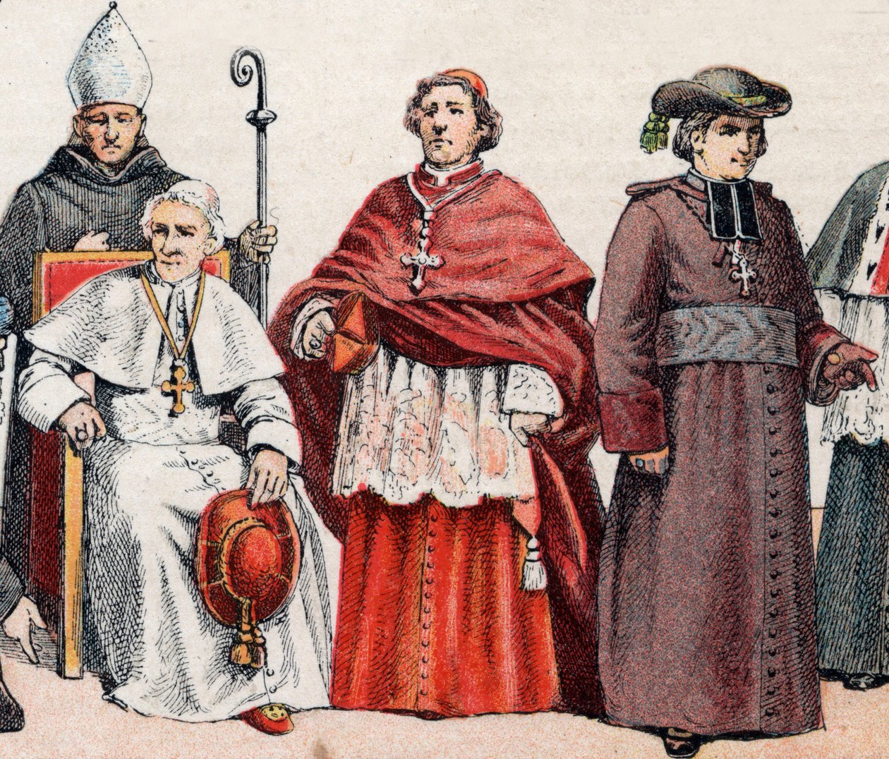 Stroje religijne: od g do d eveque w mitrze i trzymający biskupi tyłek, siedzący papież Leon XIII (Leone XIII), kardynał w jastrychu prałackim (lub cappa magna) i eveque w płaszczu - od l do r, biskup z mitrą i pastorałem, papież L autorstwa French School