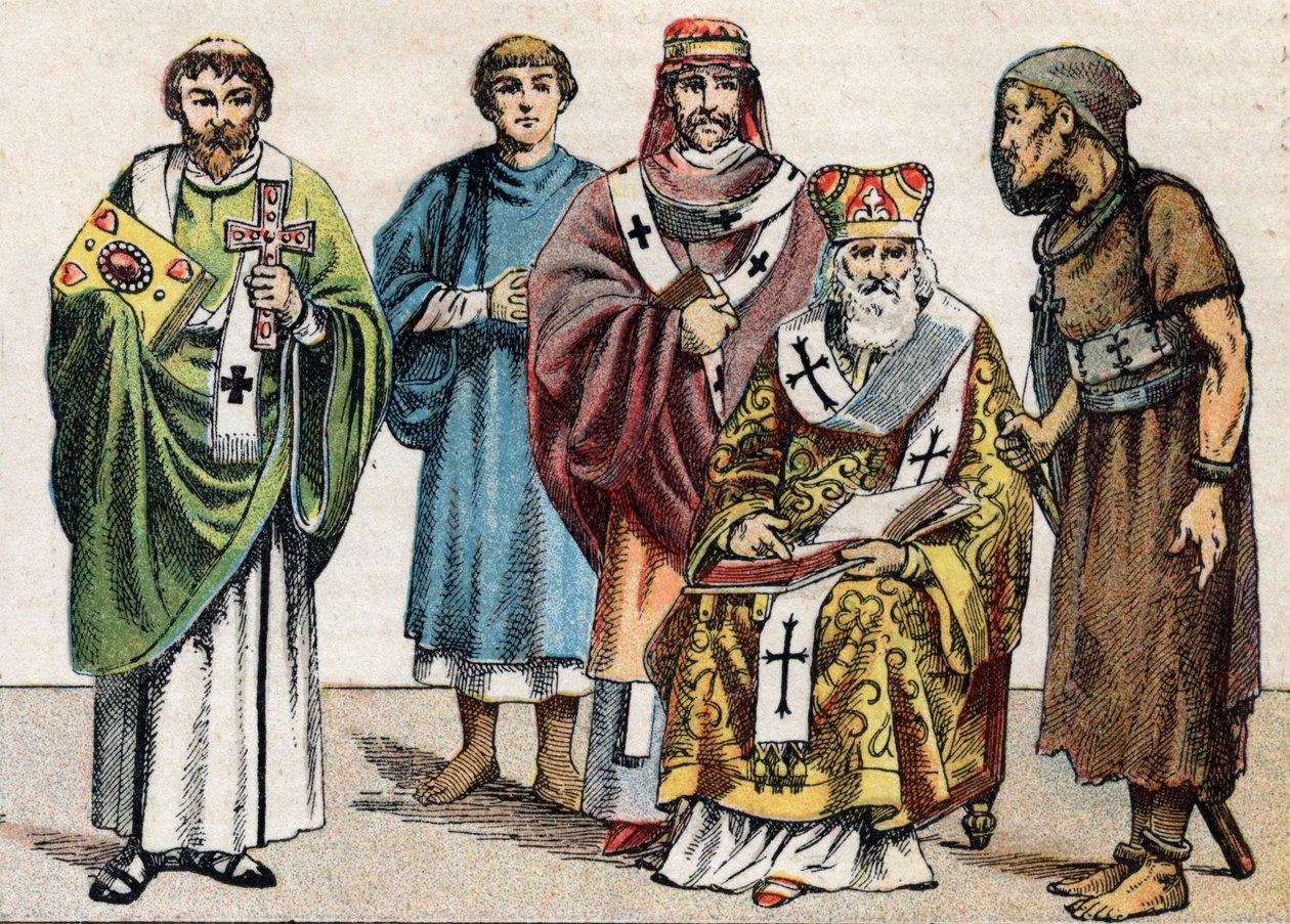 Stroje religijne w starożytności: od portretu diakona bizantyjskiego, księdza chrześcijańskiego z I wieku, ewy z V wieku, patriarchy bizantyjskiego i anachorety - Rycina - Stroje religijne w starożytności: od lewej do prawej autorstwa French School