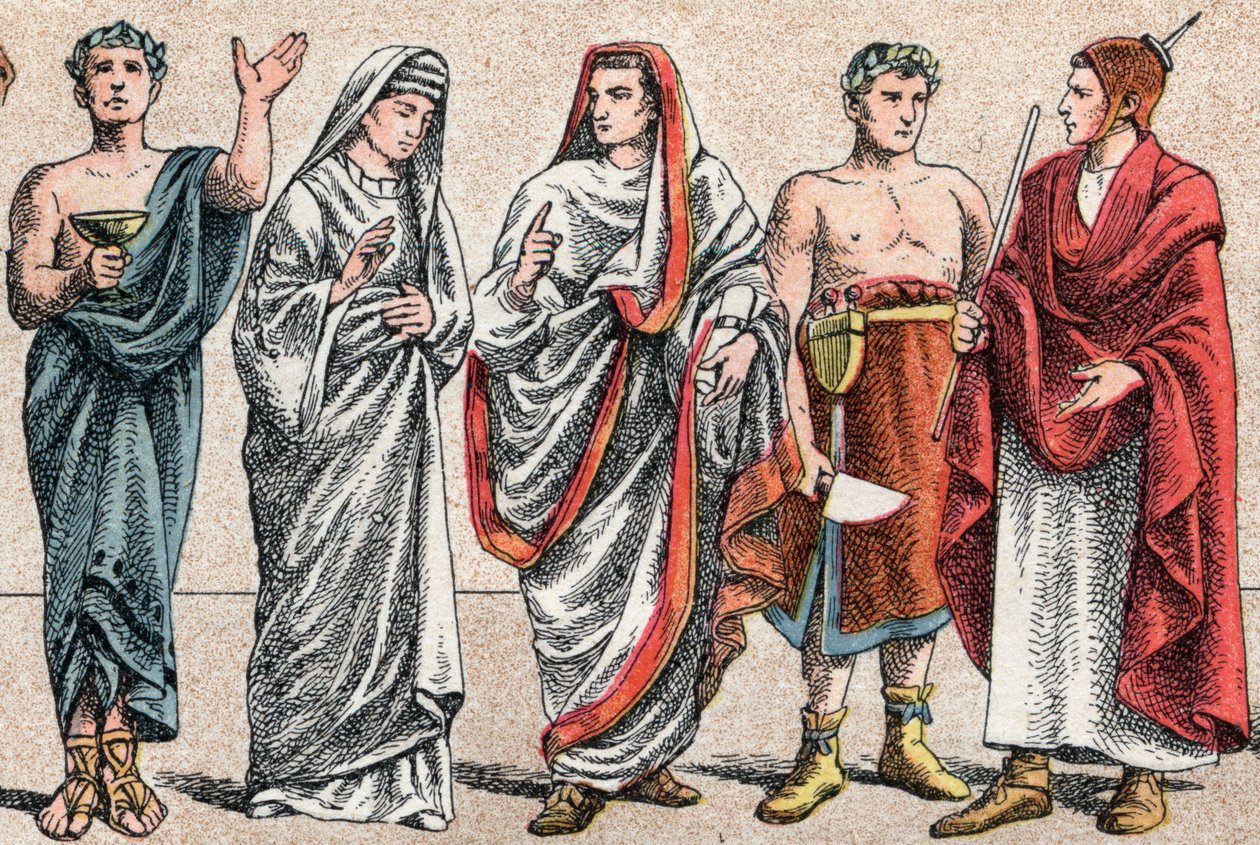 Uskonnolliset puvut antiikin aikana: g a d:sta muotokuva kreikkalaisesta papista, uhripappista, vestaalista, antiikin Rooman pretressistä ja antiikin Rooman suuresta paavista (Pontifex maximus), palvonnasta omistautuneesta roomalaisesta papista ja flaminos autorstwa French School