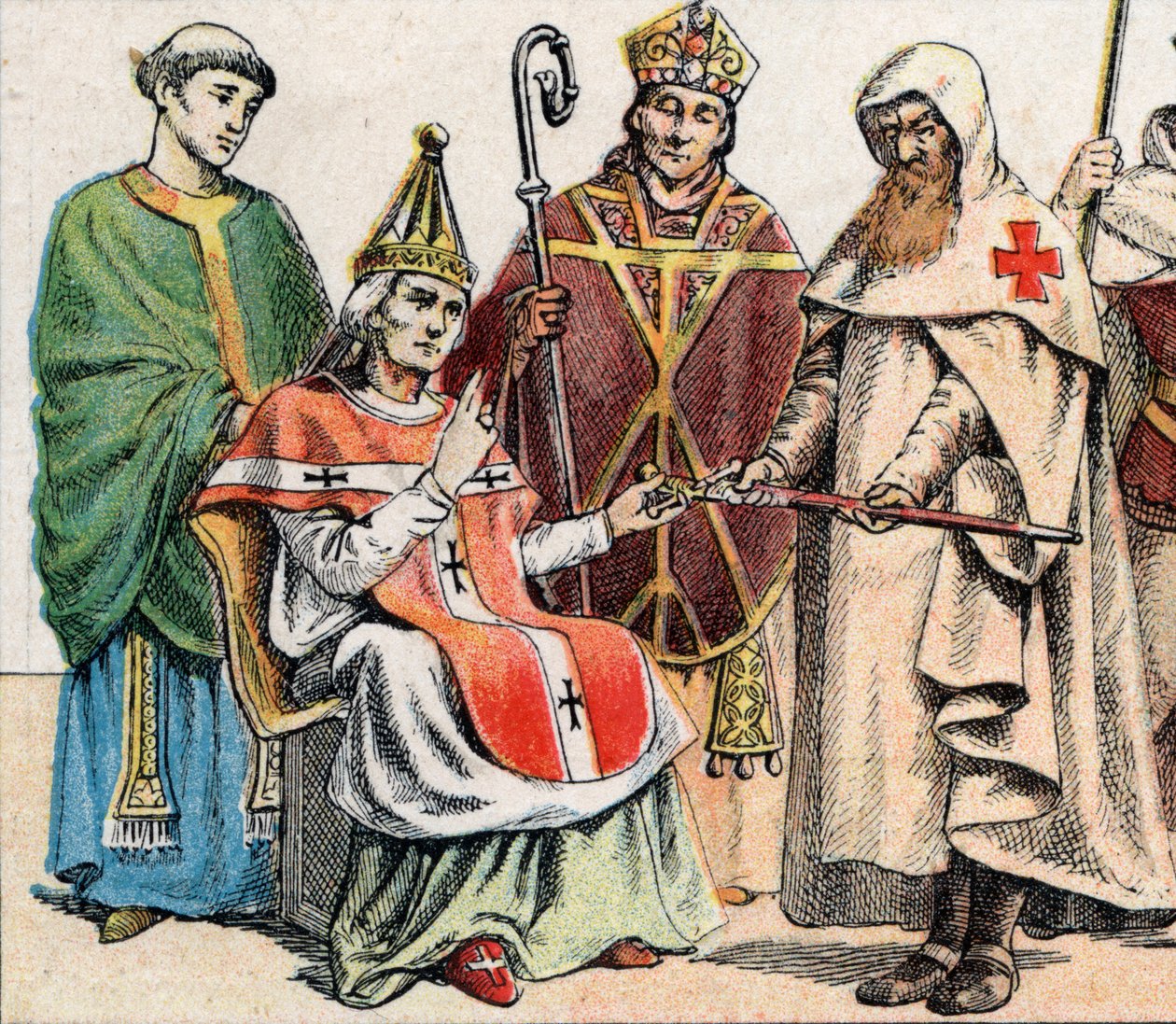 Stroje religijne w średniowieczu: od g do d kapłan z X wieku, papież w XI wieku, eveque (z mitrą i kolbą) do XII wieku oraz członek Zakonu Szpitalników (Zakon św. Jan z Jerozolimy) – Koszt religijny autorstwa French School