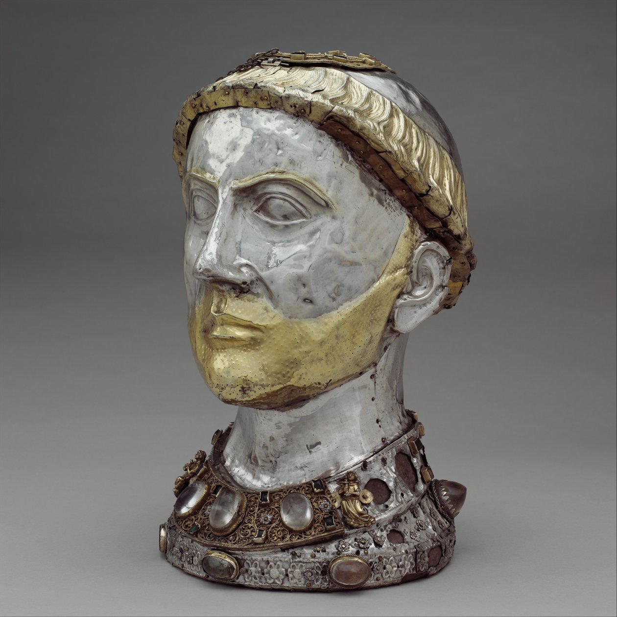 Relikwiarz Popiersie św. Yrieixa, ok. 1220-40 (srebro pozłacane z kryształem górskim, kamieniami i szkłem) autorstwa French School