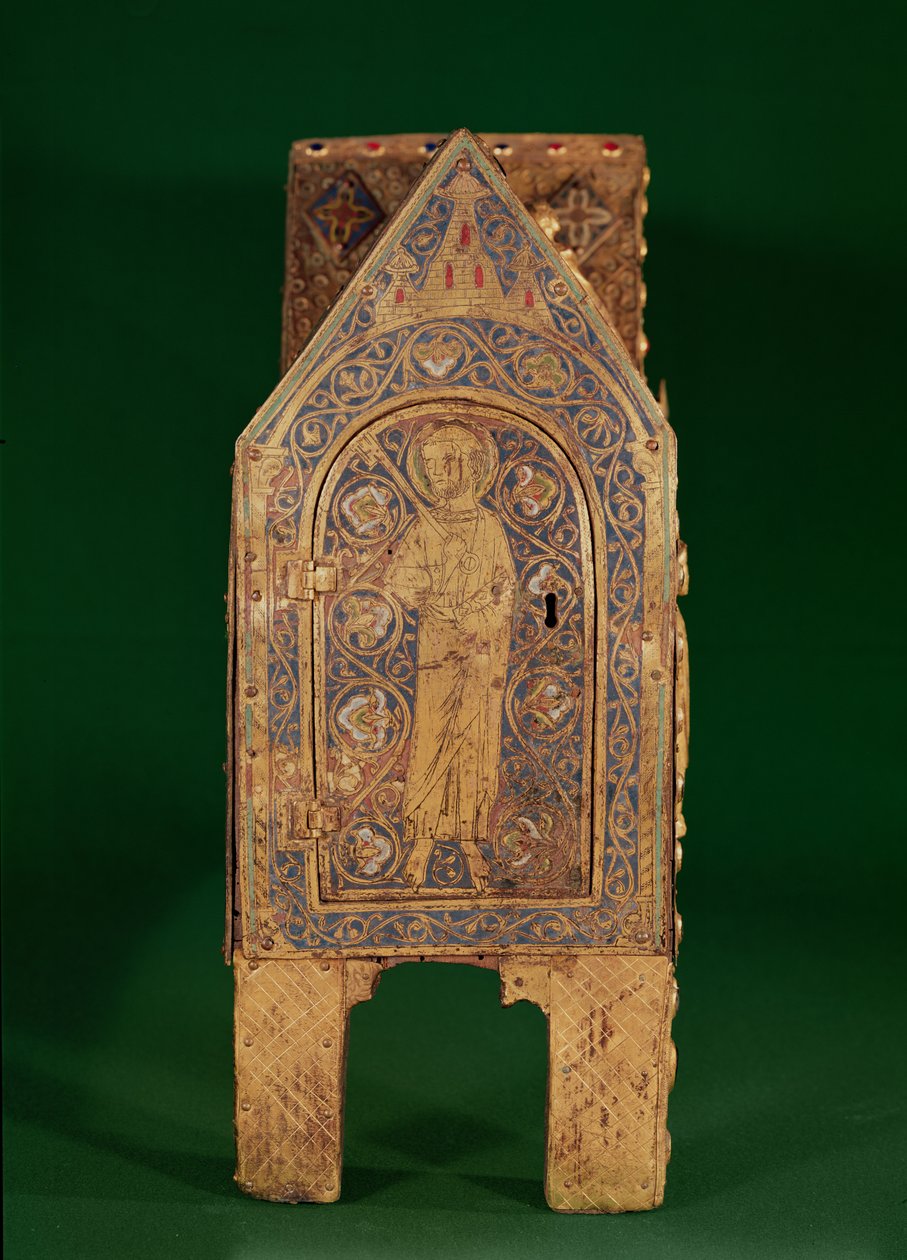 Relikwiarz św. Kalminiusza, fragment św. Piotra trzymającego klucze, Limoges (emalia miedziana i szampańska) autorstwa French School