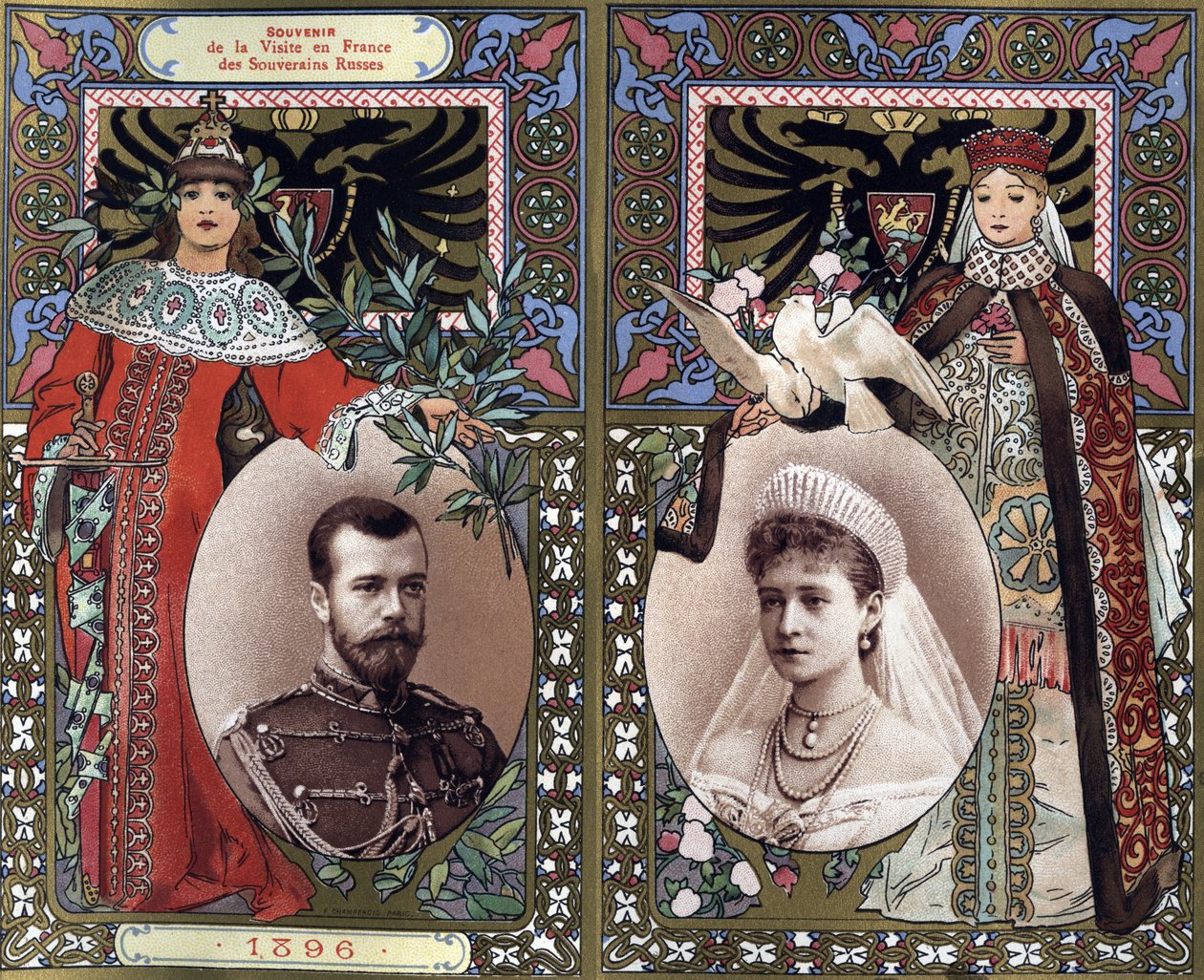 Pamiątka wizyty we Francji władców rosyjskich Mikołaja II (1868-1918) i carycy Aleksandry (Alicji Heskiej) Fiodorowny w 1896 roku. Chromolitografia z końca XIX wieku. autorstwa French School