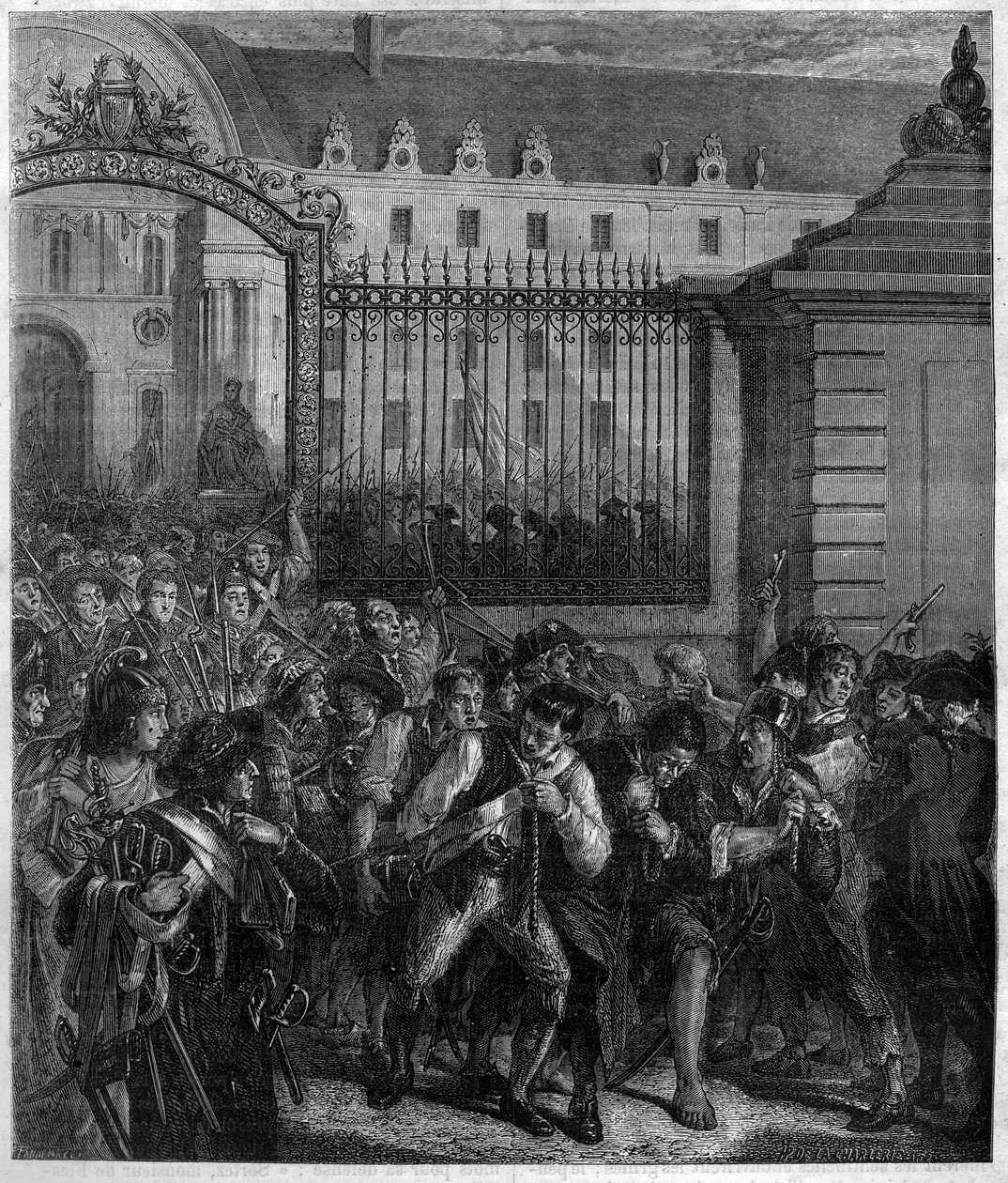Usuwanie broni od Inwalidów przez lud „przeciwko despotyzmowi powstanie jest najświętszym z praw i najświętszym obowiązkiem”. Grawer w „Histoire des Papes-Rois-Queen and Empereurs a travers les Century” Maurice Lachatre autorstwa French School