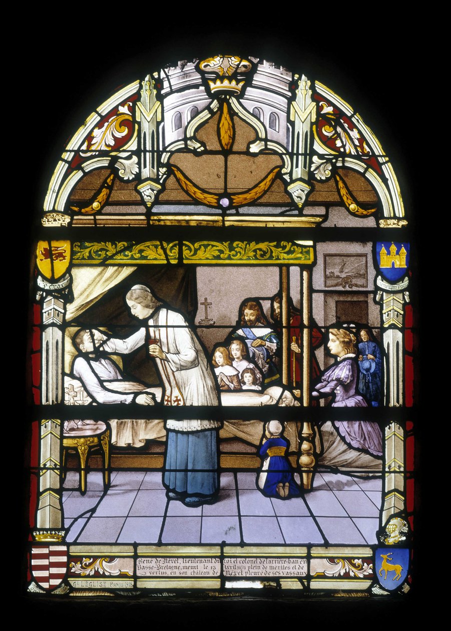 René de Neval, porucznik króla i pułkownik backbench w Dolnej Bretanii, zmarł 13.04.1676, pełen zasług i cnót w swoim zamku Neval, wykrzykiwany przez swoich wasali - witraże kościoła St Germain w Kerlaz autorstwa French School
