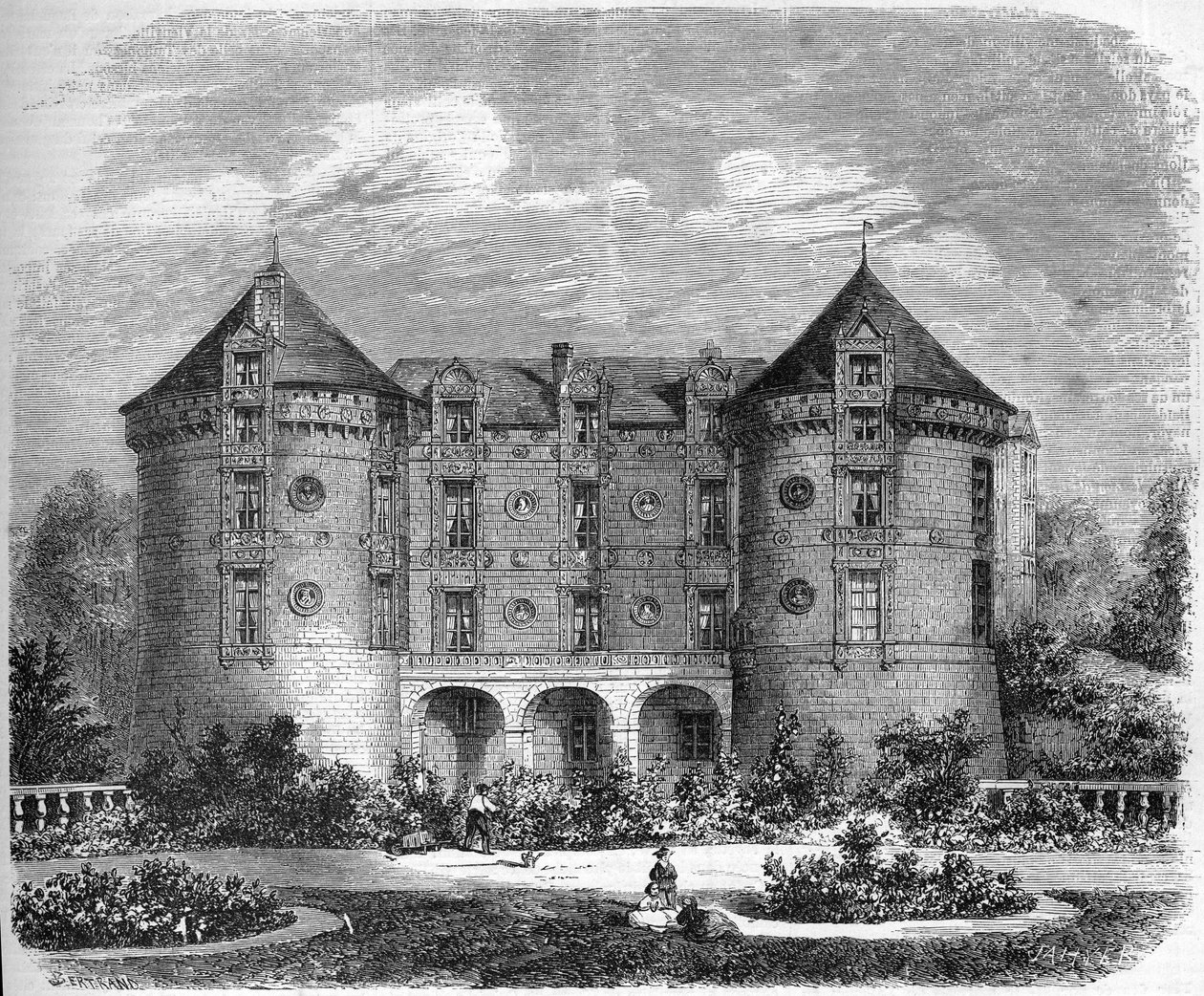 Architektura renesansowa - pałace nad Loarą: widok na fasadę zamku Chateau du Lude w 1857 roku. Le Lude, Sarthe (72). Grawerowanie w „”Le Monde Illustré””n°28 z 24 października autorstwa French School