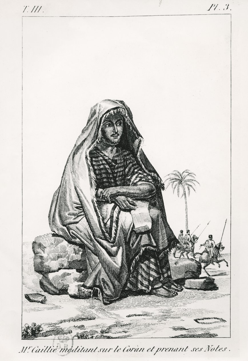 Rene Caille zastanawia się nad Koranem i robi notatki, z Journal dun voyage a Tombouctou autorstwa Rene Caillie (1799-1838), 1830 autorstwa French School