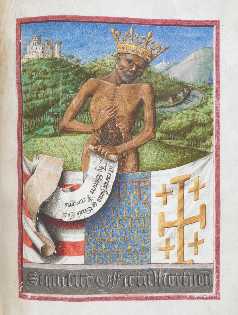 Rene, książę Anjou jako koronowany szkielet, z Księgi godzin Rene z Anjou (welum) autorstwa French School