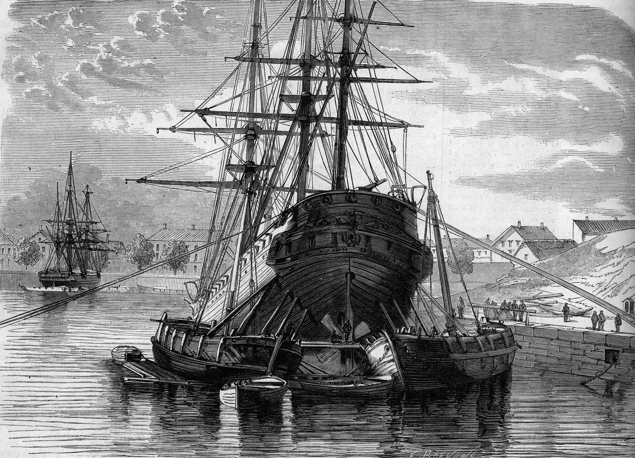 Remont statku (parowiec „Vera Cruz”): podnosimy tył, aby umieścić odkrytą helisę. 1863. Grawer w „”Le Monde Illustré””n°320 z 30 maja 1863. autorstwa French School